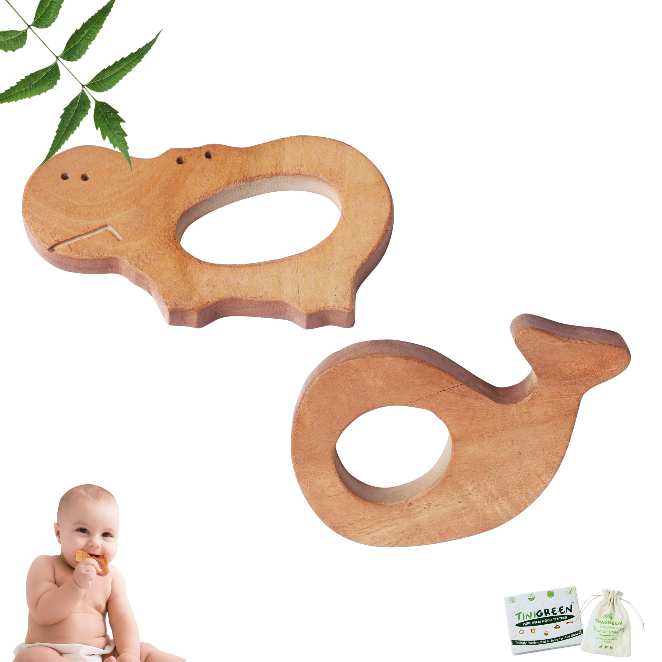 Neem Wooden Baby Teether Hippo & Dolphin Shape Natural Teething Toy for Infants 3–12 Months Antibacterial Neem Wood (Pack of 2)-image-4