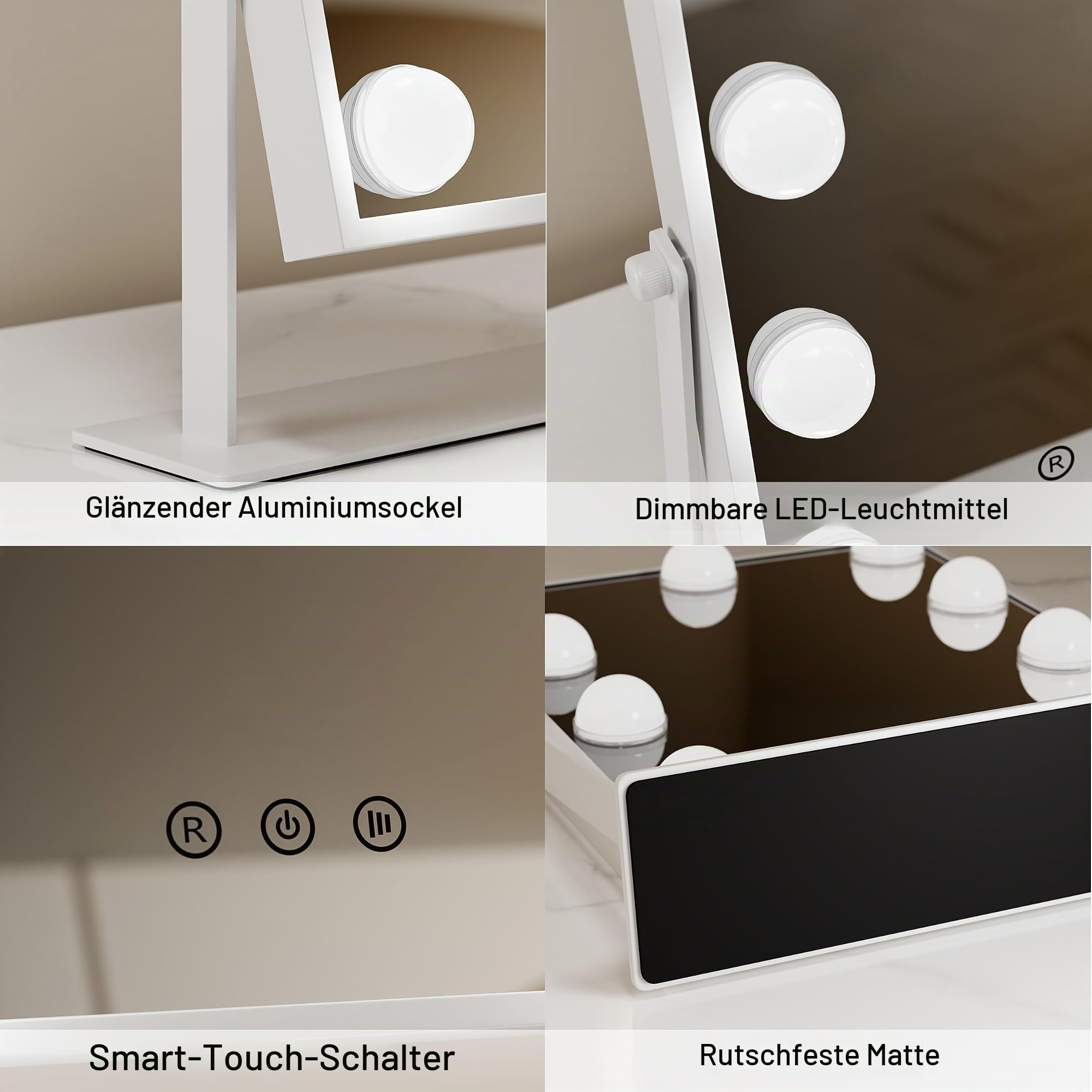 Schminkspiegel mit Beleuchtung groß – Hollywood Spiegel Schminktisch 3 Lichtfarben & Touch – Schminktisch Spiegel mit Licht drehbar – Schminkspiegel Licht – Aluminium Vanity Mirror with Light