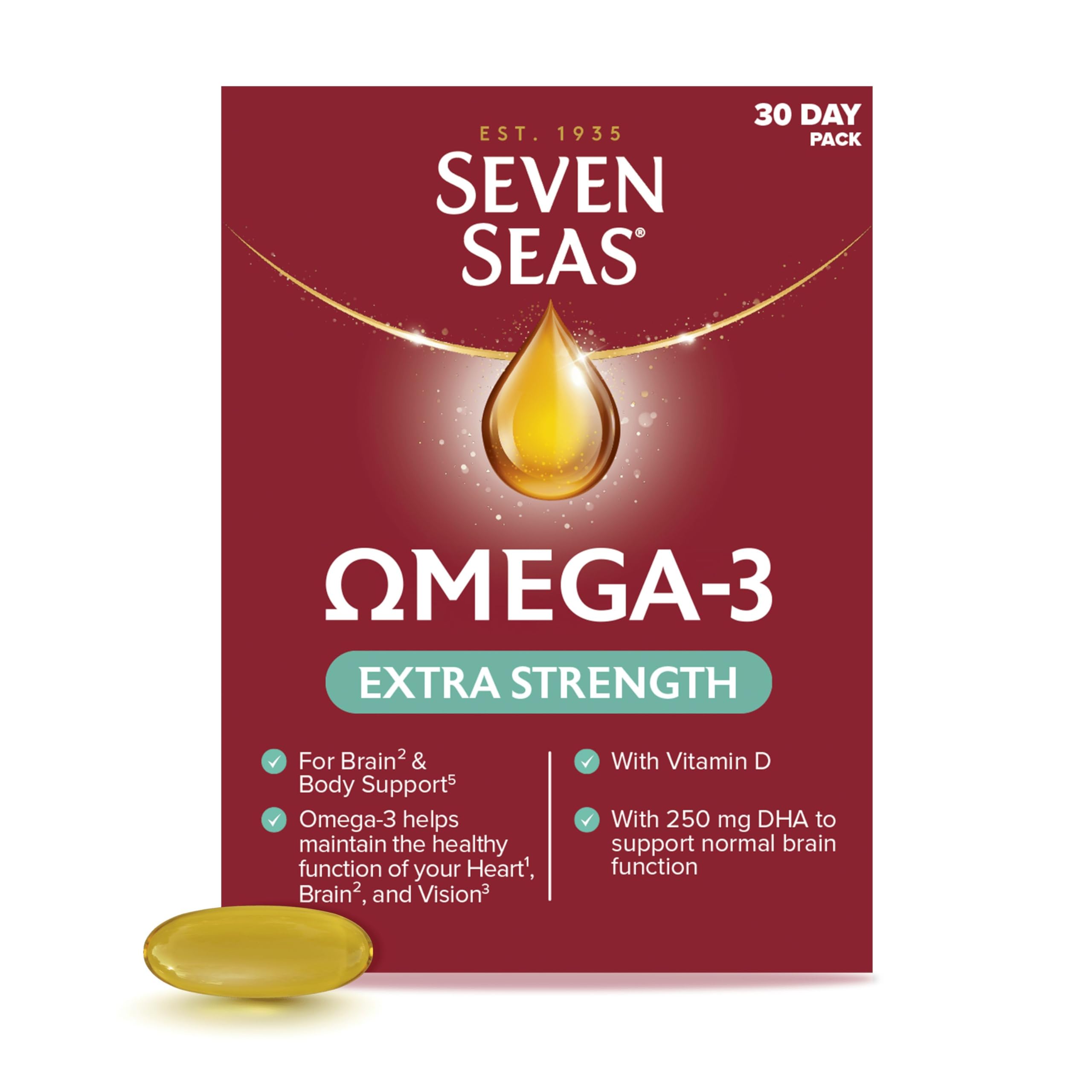 Seven SeasOmega-3 Fish Oil, Extra Strength, Omega 3 plus Vitamin D For Whole Body Healthplus, 30 One-A-Day Capsules, 1 Month Supply