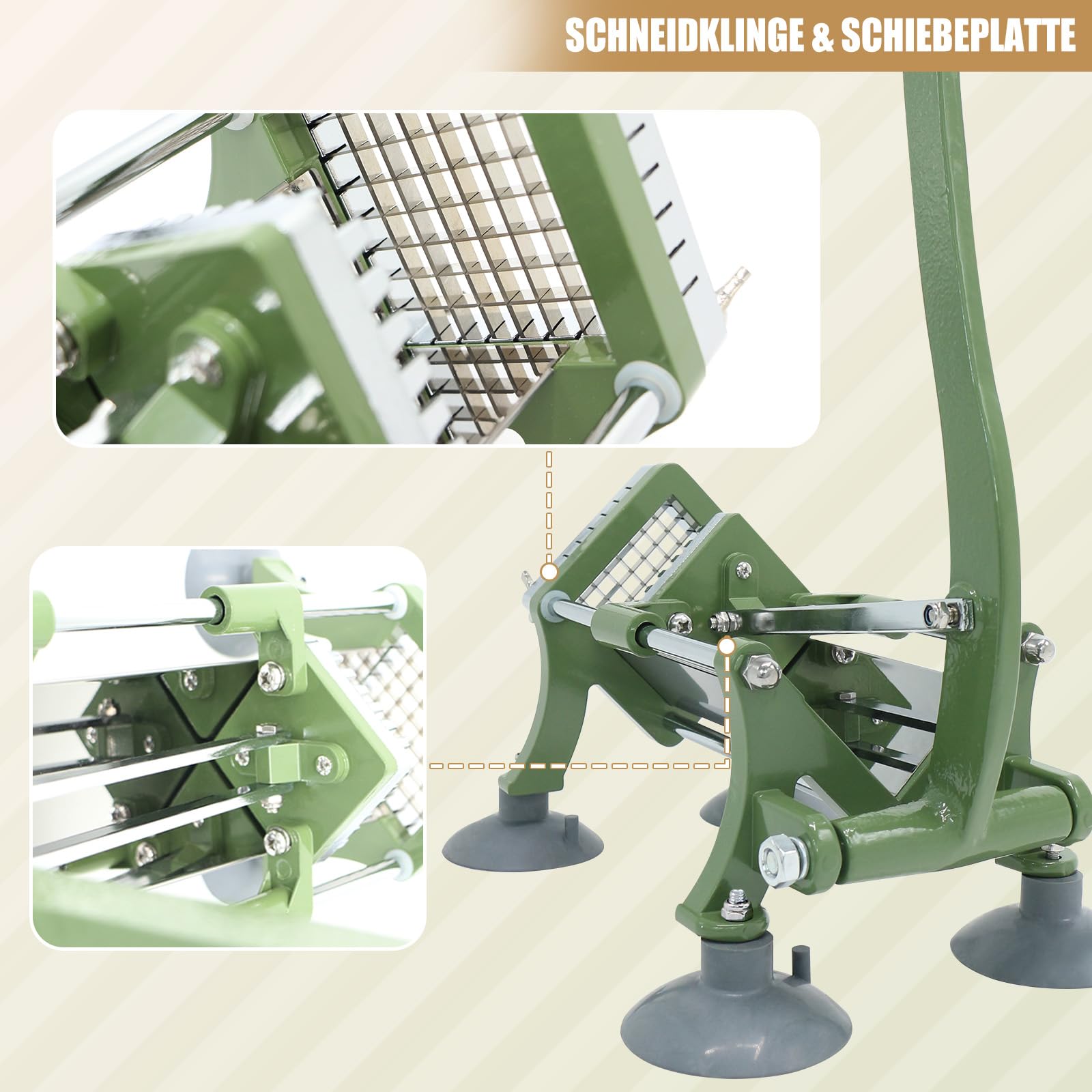 Pommes Frites Schneider Commercial Manuell Pommesschneider Professioneller Saugfüßen Komplettset French Fries Cutter mit Schwerem Gusseisen-Griff und 3/8" (10x10mm) Klinge