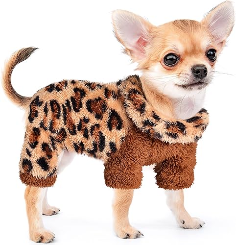 Pijama de cuello alto de leopardo para perros pequeños, suéter de forro polar para perro, ropa de invierno linda para perros pequeños, pijama para