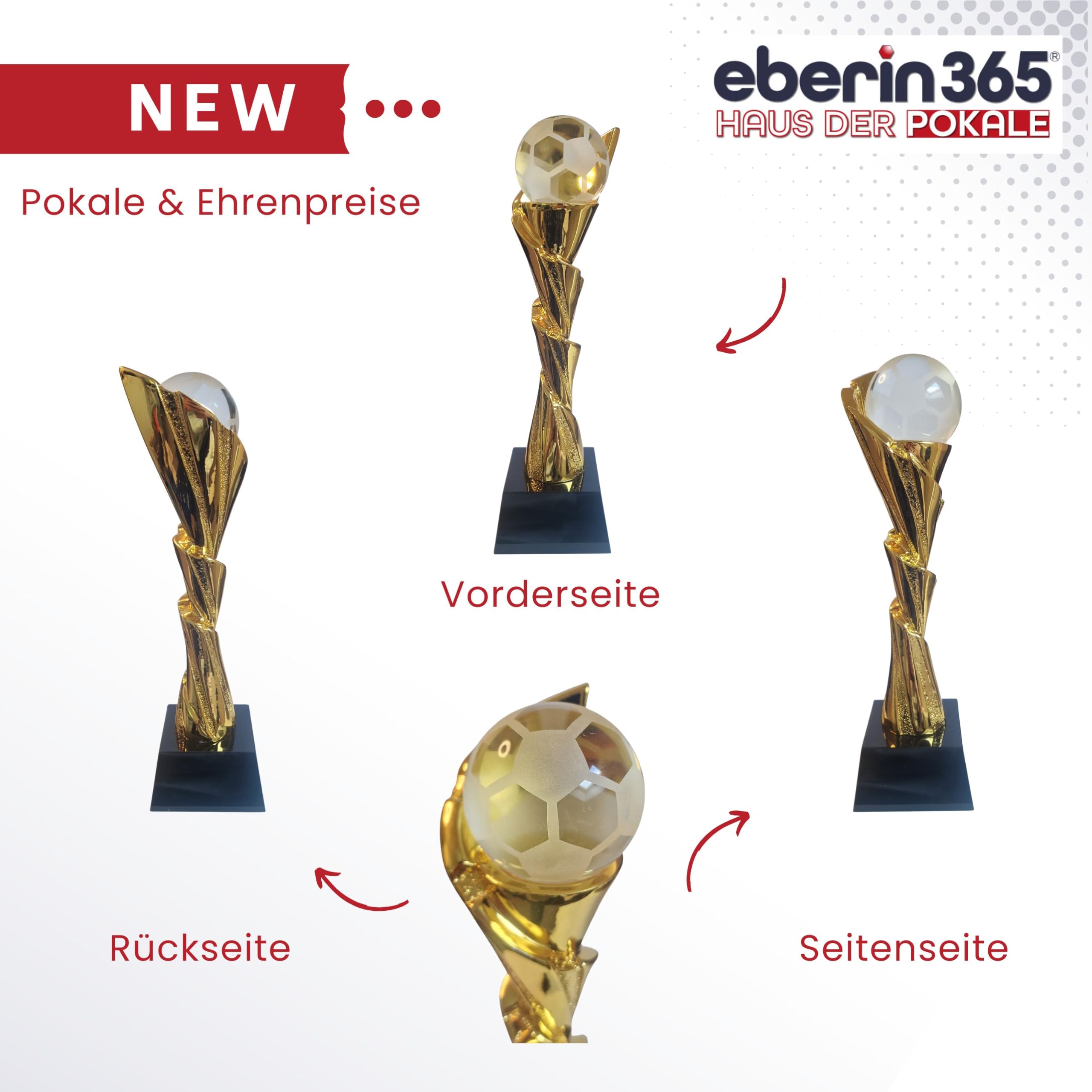 Fußball Pokal 27,5 cm mit Glasball auf Glassockel – edle Trophäe mit Goldener Säule aus schwerem Resin – hochwertiger Award mit Gravurschild für Vereine Turniere & Siegerehrungen