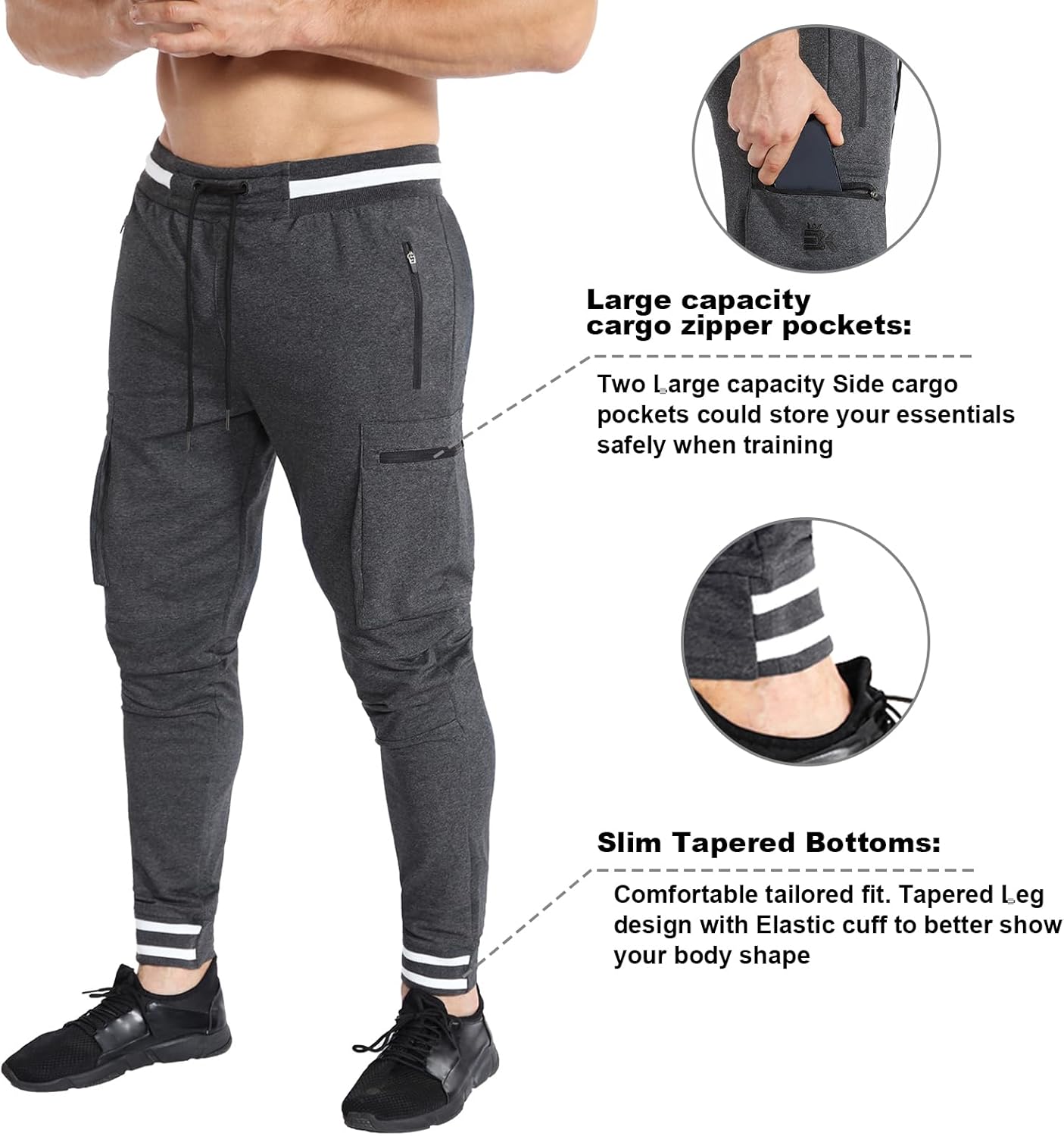 BROKIG Men Large Capacity Gym Joggers Pants with Zipper Pockets,Workout Tapered Casual Athletic Sweatpants Track Pants