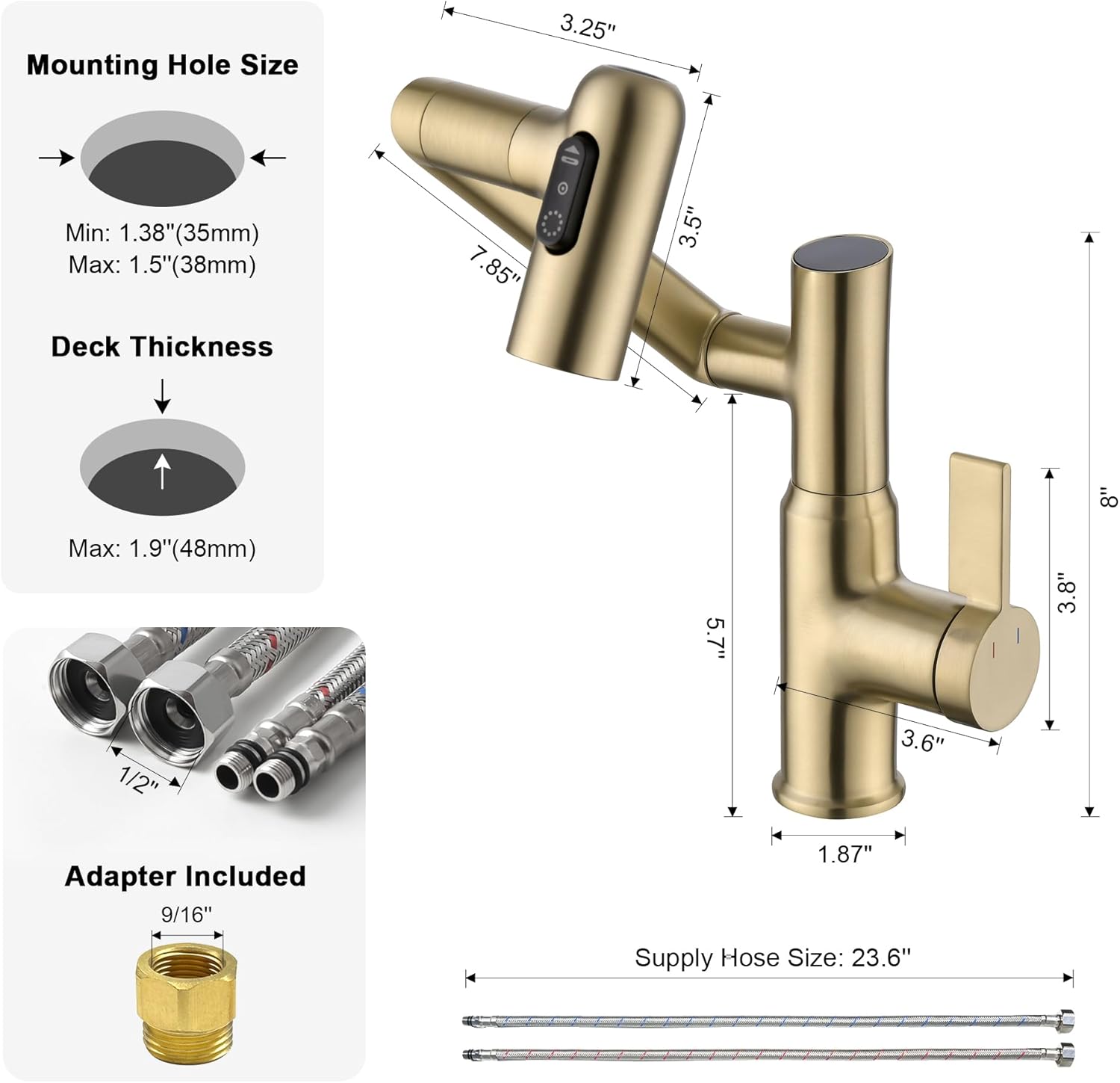 Lefton Rotatable Bathroom Faucet with Temperature Display in Fahrenheit (Batteries-Free), 3 Water Modes, Brushed Gold, BF2204-6