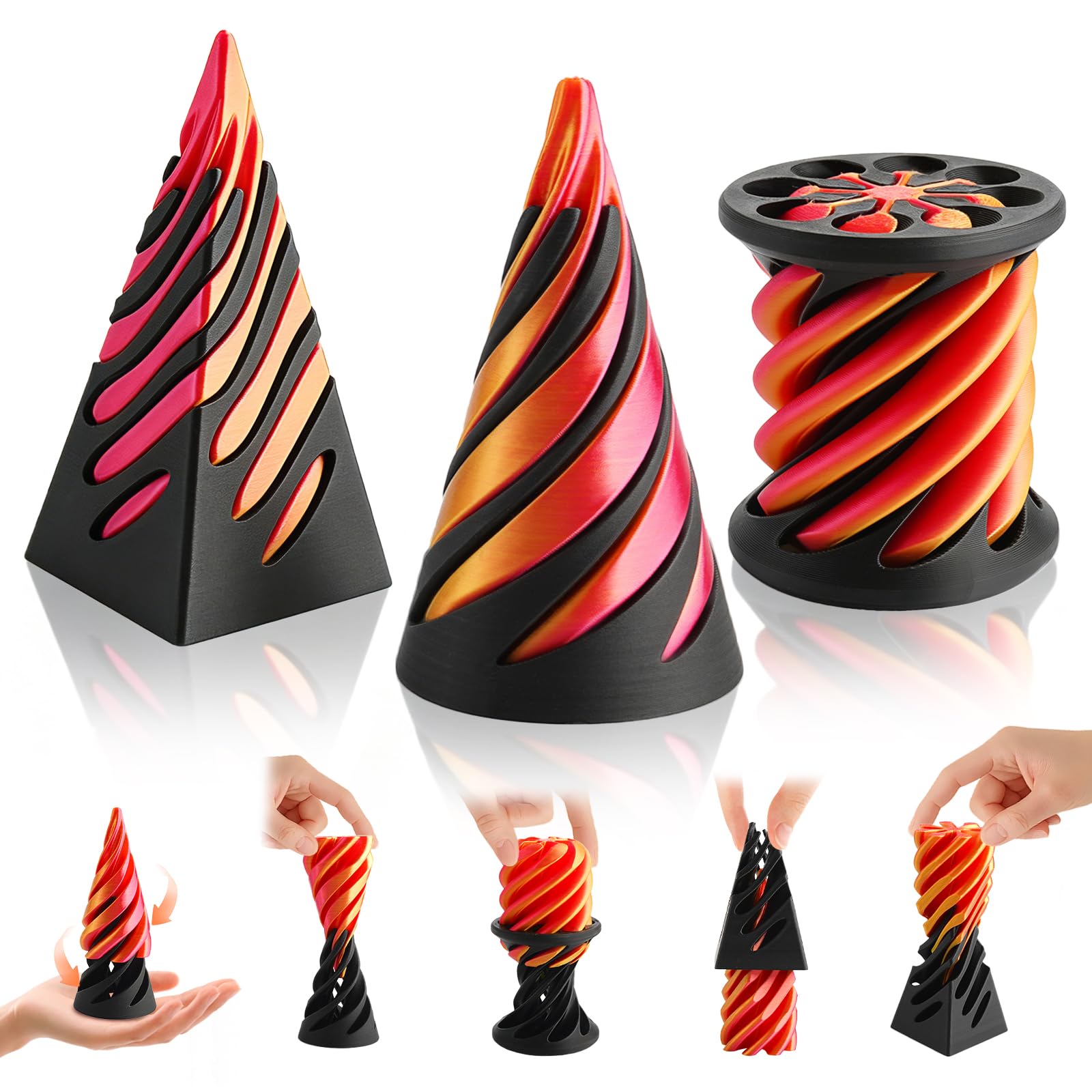 3PCS the Impossible Cone Fidget Toys Set, MAIGELITE 3D Printed Spiral Cone Fidget Toy & Pyramid Passthrough Sculpture, Stress Relief Toys for Anxiety,Desktop Decoration Gift for Kids & Adults