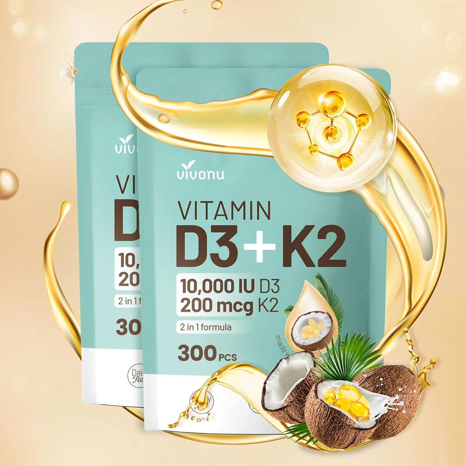 VivoNu Vitamin D3 K2 10000 IU with MK7-300 Virgin Coconut Oil Softgels, 2 in 1 Vitamins D & K Complex | Vitamina D3 con K2 (600 Softgels /2 Bag)