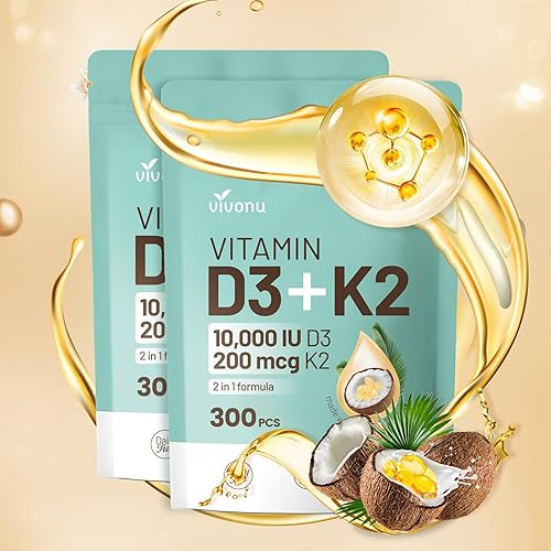 Miniatura 8 de Vitamina D3 K2 10000 UI con cápsulas blandas de aceite de coco virgen MK7-300, vitaminas D y K 2 en 1 complejo  Vitamina D3 con K2  Apoya la