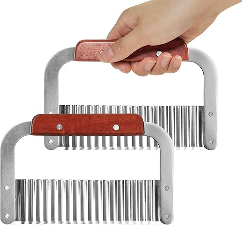 Paquete de 2 cortadores de arrugas para verduras, cuchillo de acero inoxidable ondulado para picar patatas fritas con mango de madera, herramienta