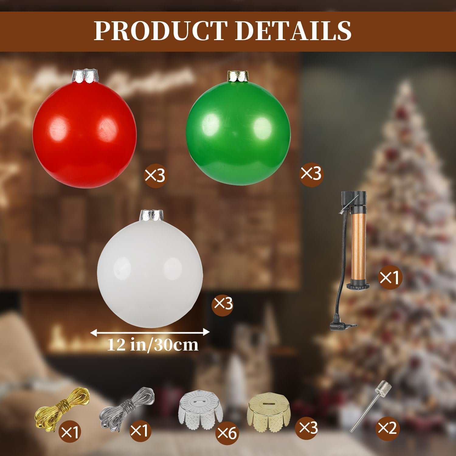 9Pcs Outdoor Christmas Decorations,12 in Large Inflatable Balls for Yards, Lawns, Porches, Gardens, Front Doors or Windows Christmas Decorated (Green White Red 9pcs)