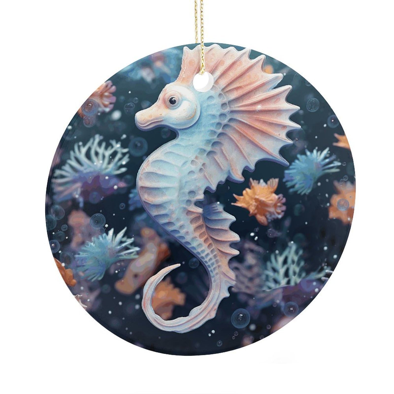 Adfgyerh Style Seahorse And Starfish Ceramic Circular Pendant,2.9 Inch，Hanging Ornament，Gift Exchange Idea Round Ceramic Ornament,For Mom And Daughter，For Home Indoor Outdoor Decor.