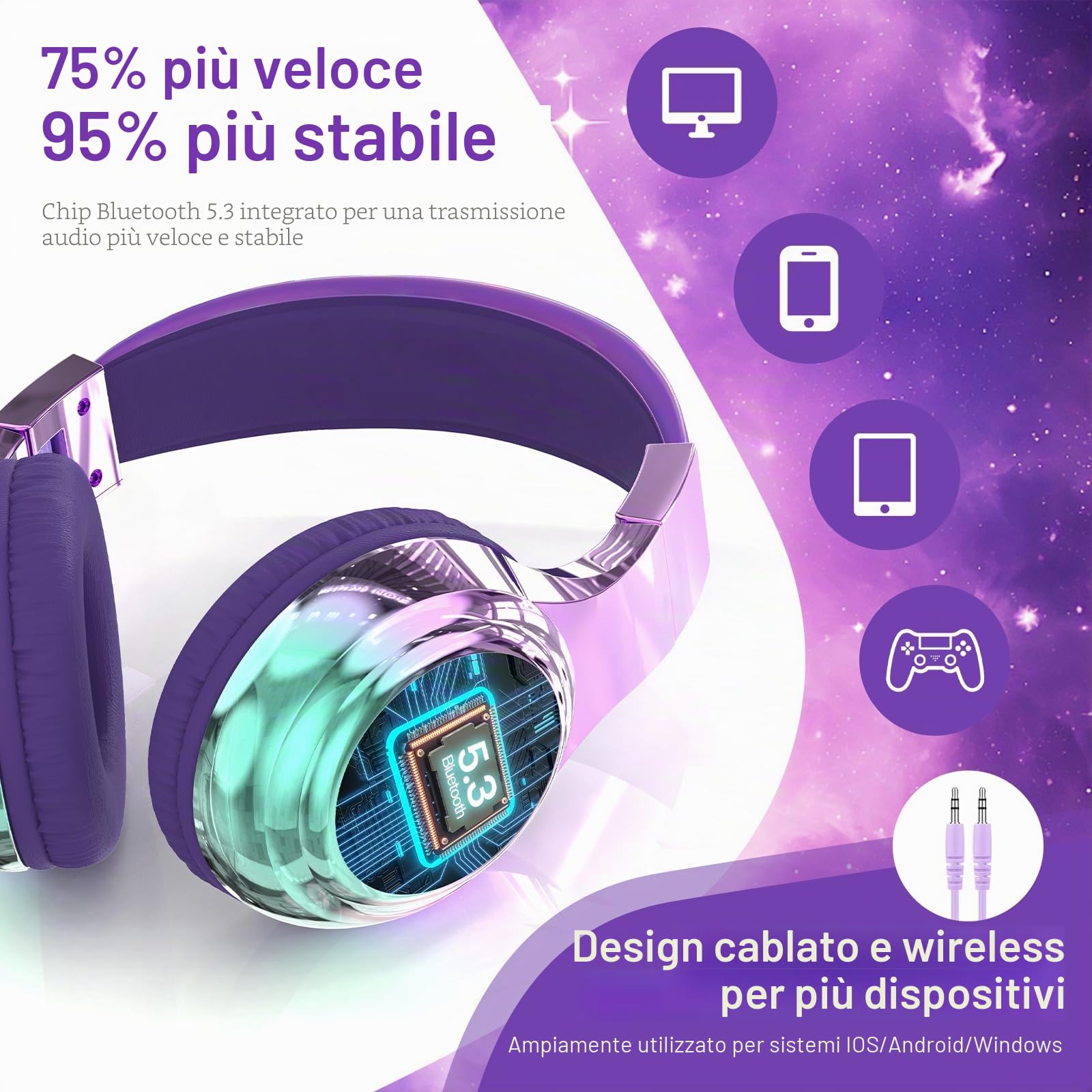 JYPS Cuffie Bluetooth Bambina, Metallico Cuffie Bambini Wireless,Cuffie Bluetooth Over Ear con Microfono per Bambini/Ragazza,Cuffie Senza Fili Pieghevoli Audio Stereo HD per TV/Musica/Scuola (Viola)
