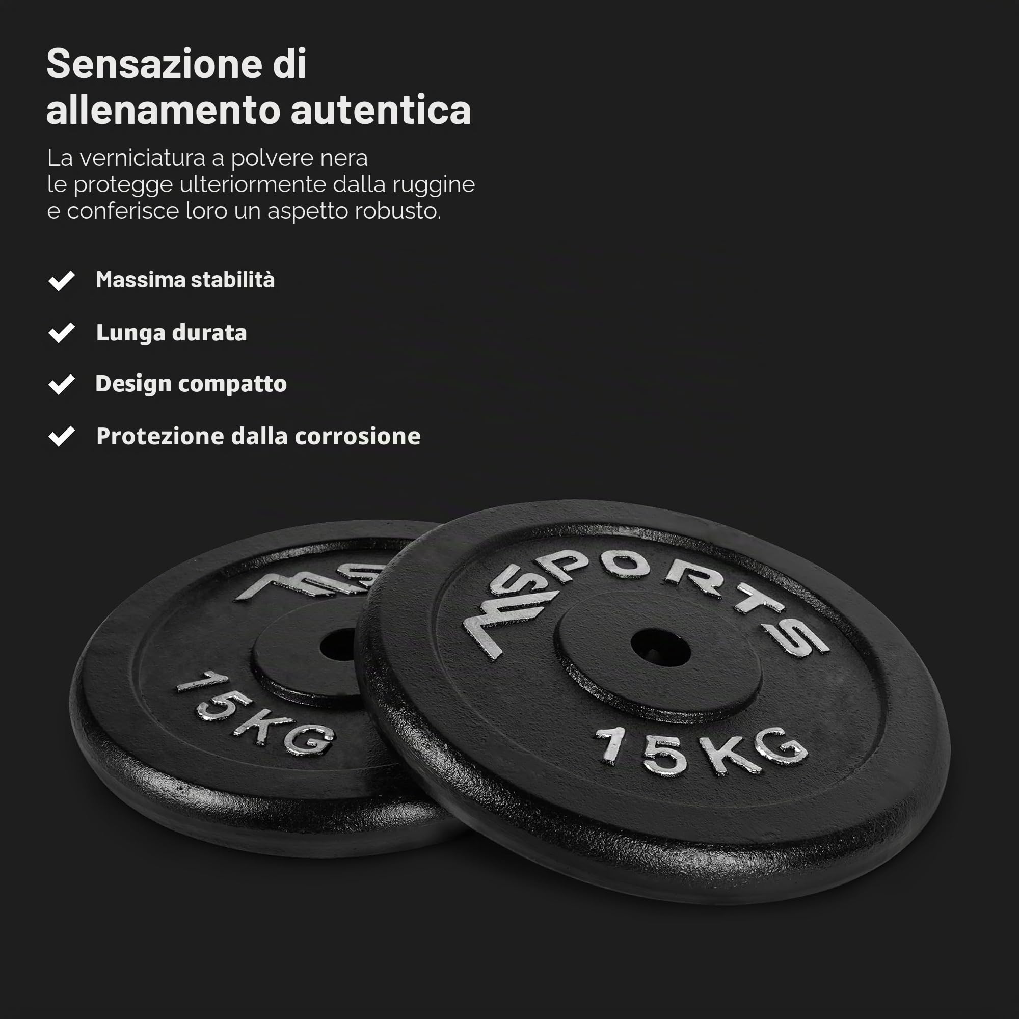 Coppia di dischi professionali per bilancieri e manubri, 100% ghisa, 5-30 kg, 2 x 15 kg – nero, allenamneto di forza