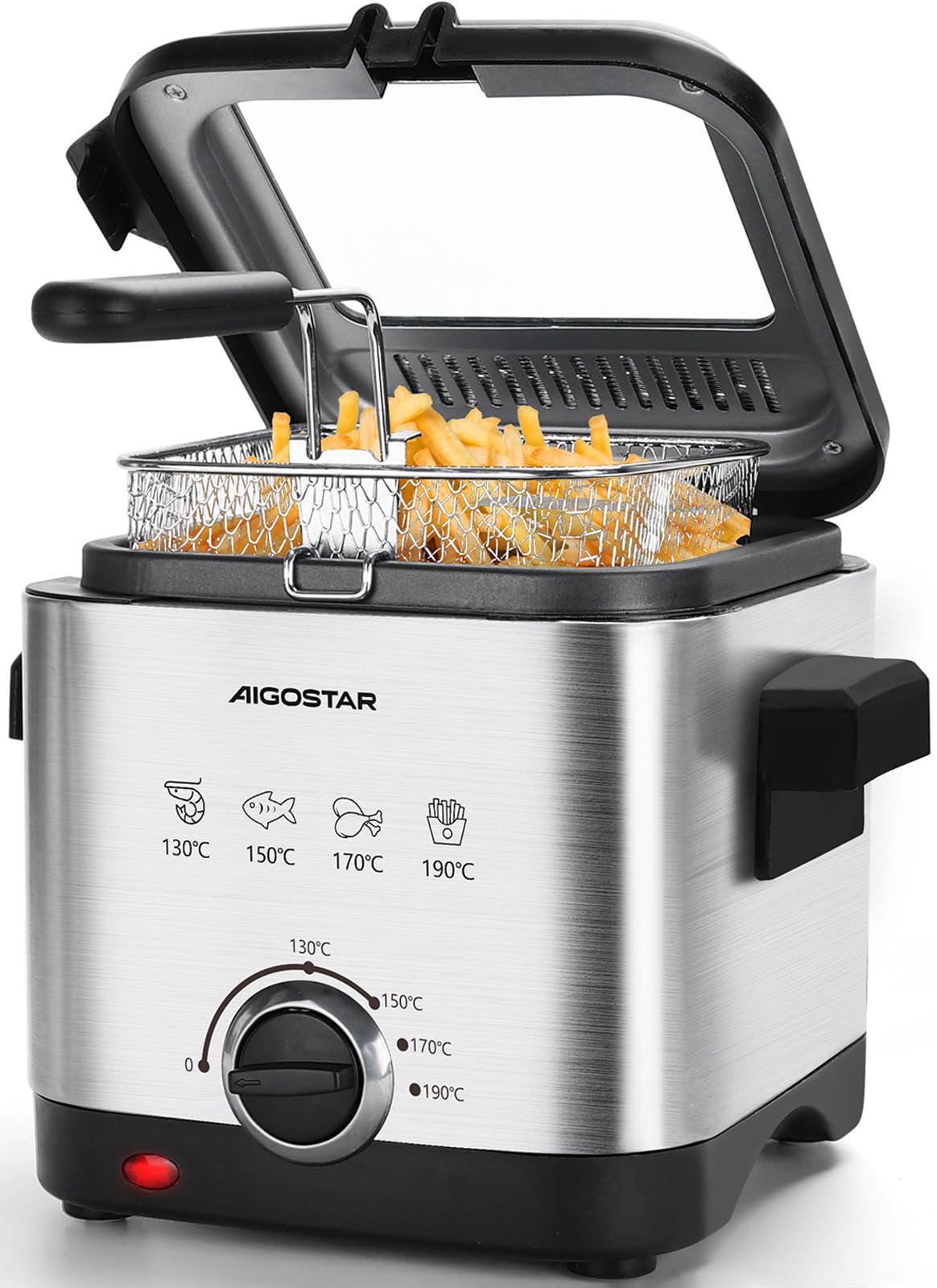Aigostar Mini Friteuse Électrique 1,5 L | Marmite en Acier Inoxydable 1000W avec Thermostat Réglable 130-190°C