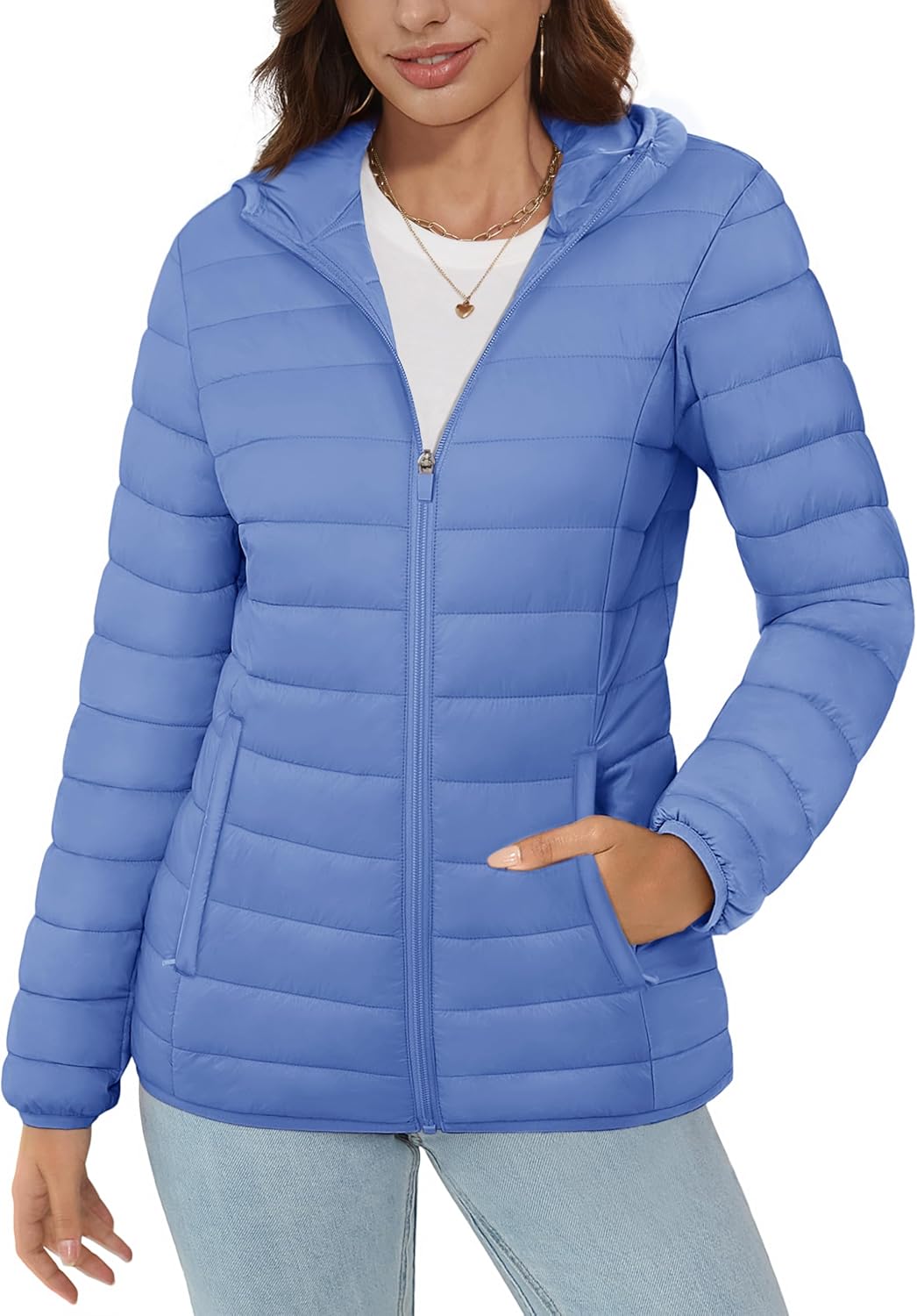 MAGCOMSEN Women's Hooded Puffer Jacket Lightweight Quilted Padded Coat 4 Pockets Zip-up Winter Warm Outerwear
