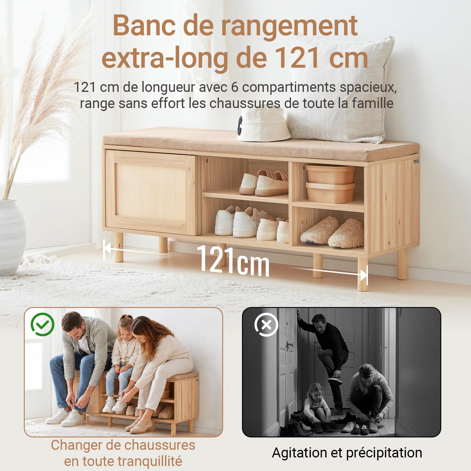 SoBuy Banc Chaussure Bambou avec Assise 121x35x49cm pour entrée | 2 portes coulissantes, 6 compartiments spacieux, MDF E1 et bambou, coussin lin respirant, charge 230kg FSR163-N