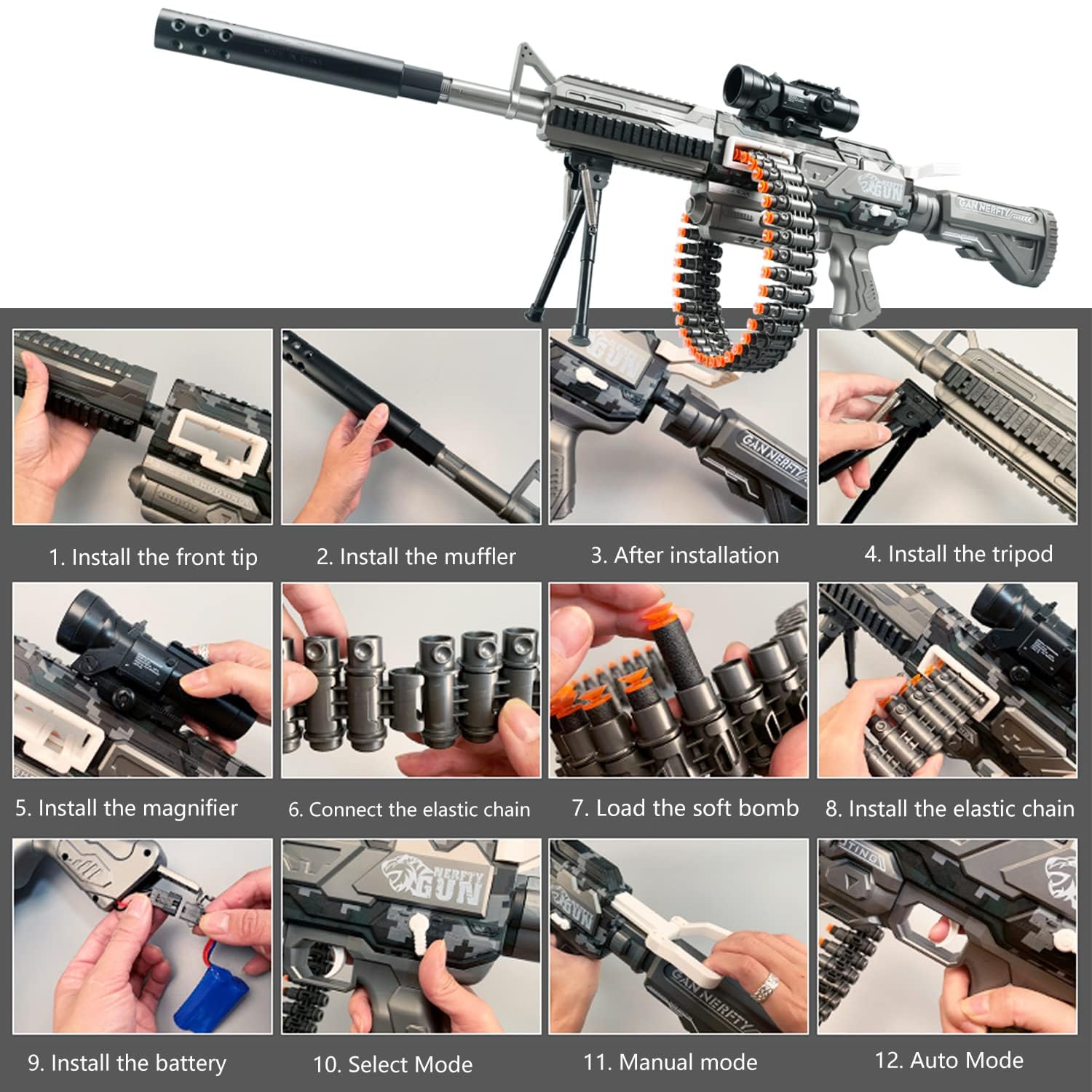 Toy Gun - Fucile da sparatutto con mirino telescopico e treppiede, giocattolo in schiuma con 24 proiettili, alimentato da batteria ricaricabile, fucile di raffreddamento con modalità automatiche, età