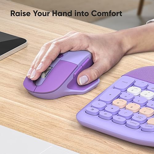 Miniatura 4 de KNOWSQT Combo de teclado y mouse inalámbricos ergonómicos lavanda - Teclado colorido dividido de 2.4G con reposamuñecas, mouse óptico ajustable de 3