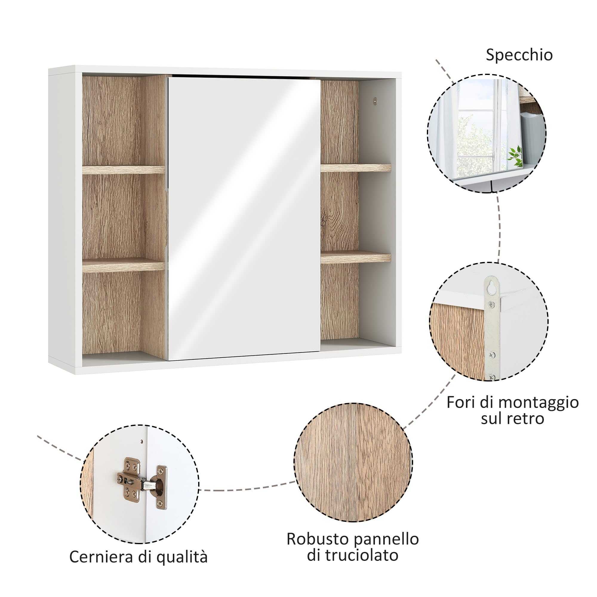 HOMCOM Mobile Bagno con Specchio, 60x14.5x49.4 cm Bianco e Color Legno | 3 Ripiani Laterali, Ripiano Regolabile Interno, Specchio Bagno Contenitore in Legno