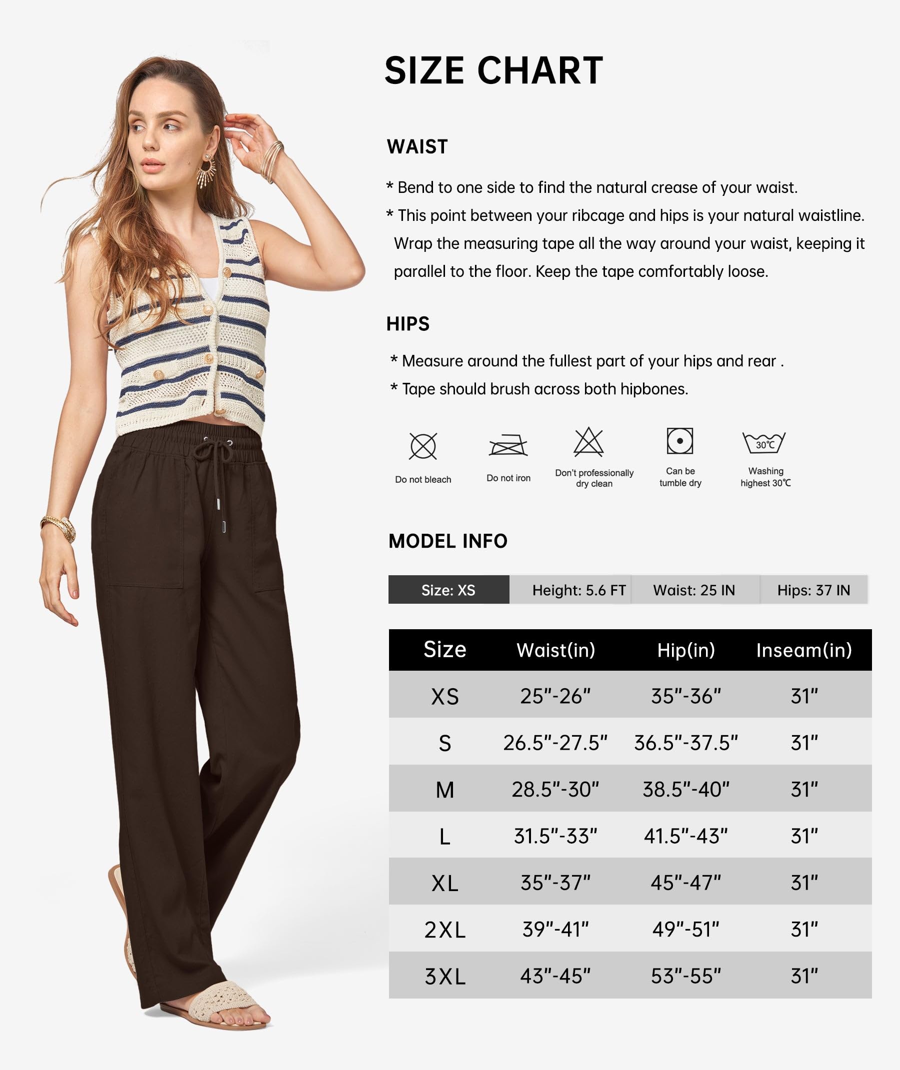 Willit Pantaloni da donna in lino a gamba larga, casual, pantaloni a palazzo, in cotone e lino, con tasche, 73,7 cm/78,7 cm/83,8 cm