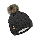 Women’s Cable Knit Faux Fur Pom Beanie - Soft Winter Hat, Ribbed Cuff, Warm Lining, Stylish Cozy Cold Weather Wear
