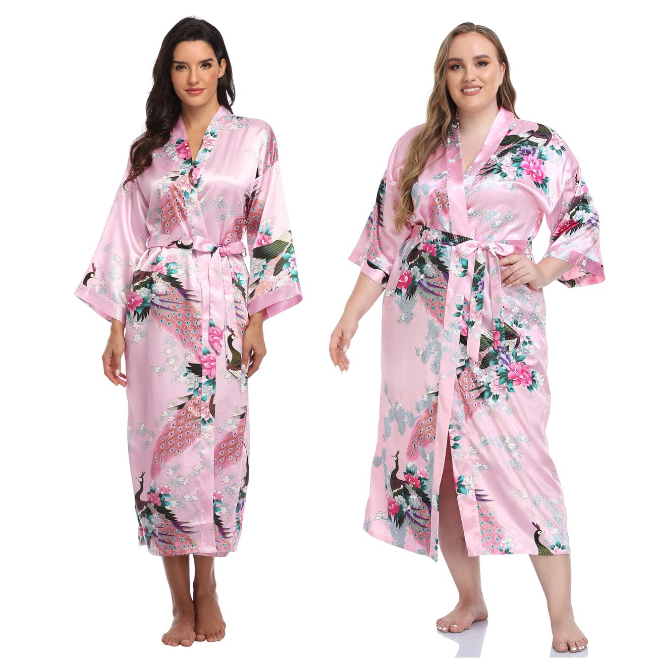 Super Shopping-zone Women's Floral Long Silk Kimono Robes Satin Dressing Gown Peacock Blossoms