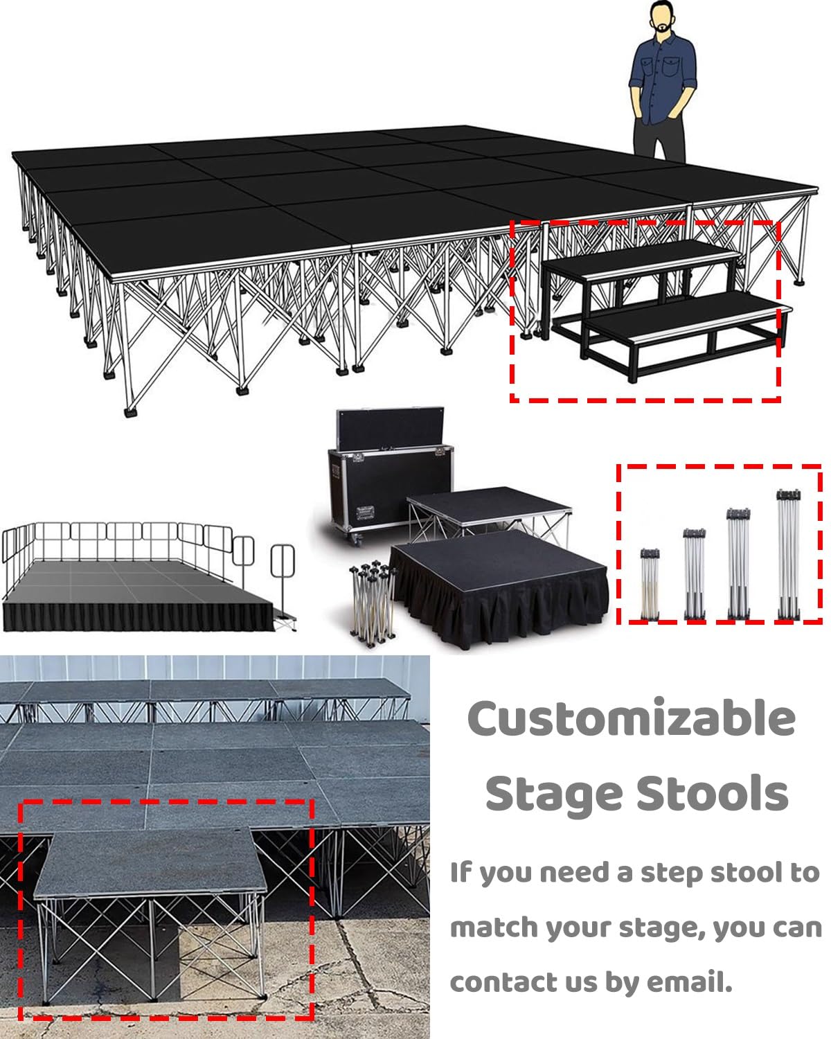 Kit de Escenario portátil para conciertos con faldón, Plataforma Modular Plegable para auditorios, miniescalera para cámara (99 x 99 cm, 40 cm de Alto). Fácil de Montar, Ligero y Duradero.