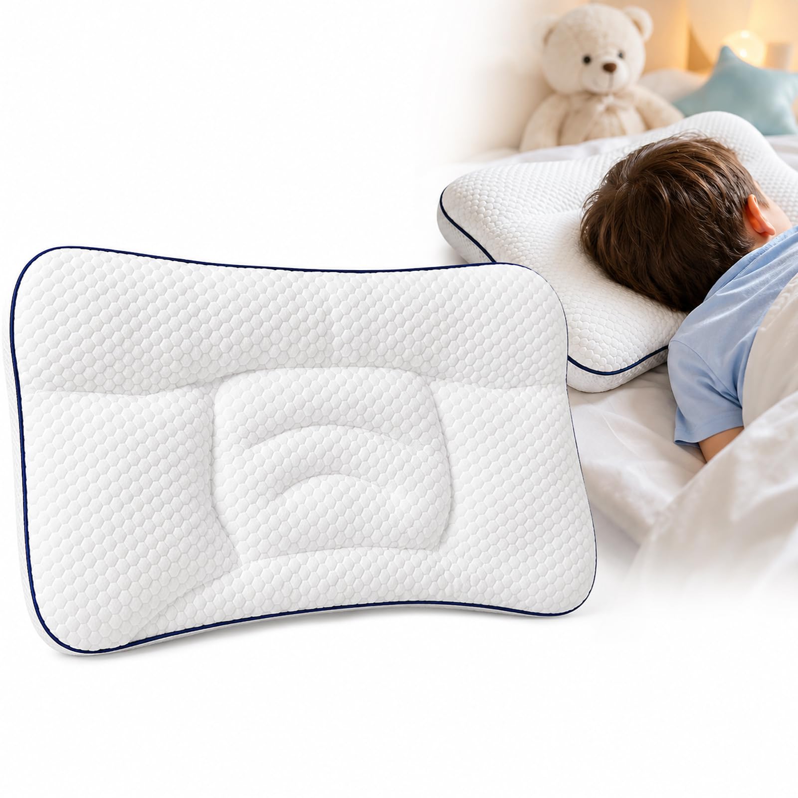 Ergonomic Posture Kids Pillow, 5‑Zone Spine Support Toddler Sleeping Pillow, Double‑Sided Breathable 10A Filling Children Pillow, 4cm Height for Side & Back Sleeper, for 3‑16 Years Old (8-16 years,1)