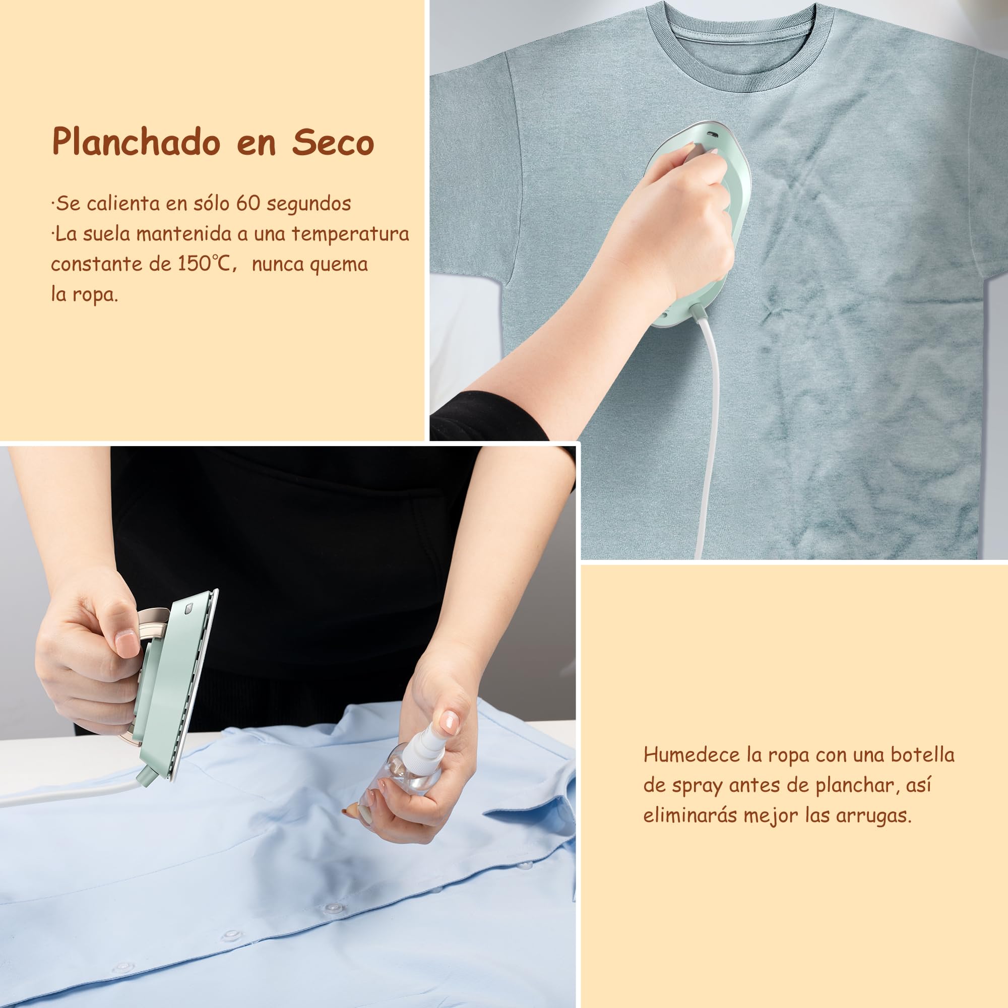 Newbealer Plancha de Viaje para Ropa, Plancha Pequeña Voltaje Universal 100V-240V, Ligera y Compacta sin Vapor con Suela de Cerámica Antiadherente, Bolsa de Transporte, Verde