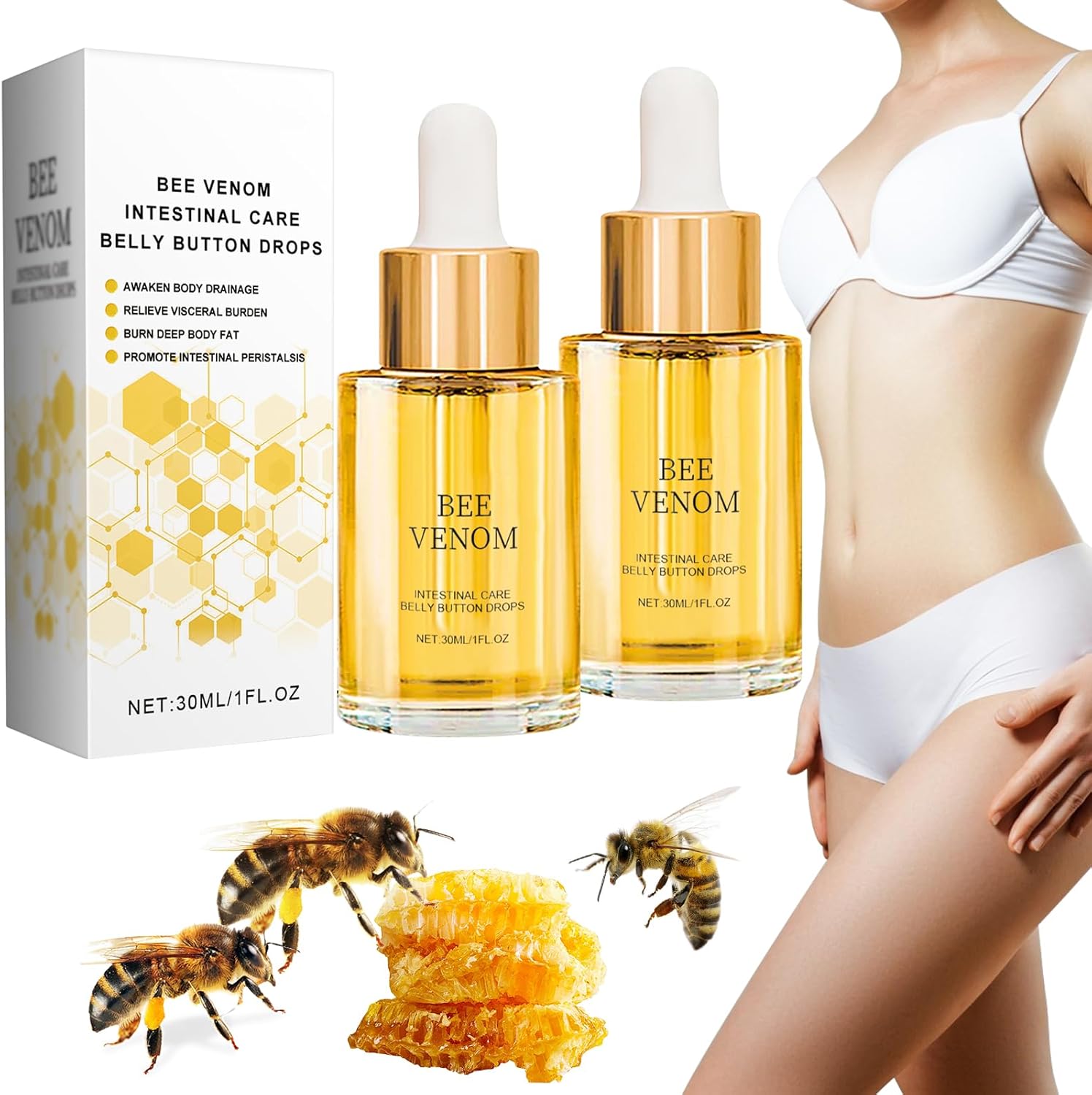 KERANEET Bee Venom Stomach Button Drops Bee Venom Drops Bee Venom Drops Bee Venom Ginger Oil for Bee Venom with Important Oils Therapeutic massage Oil Physique Oil Pack of two