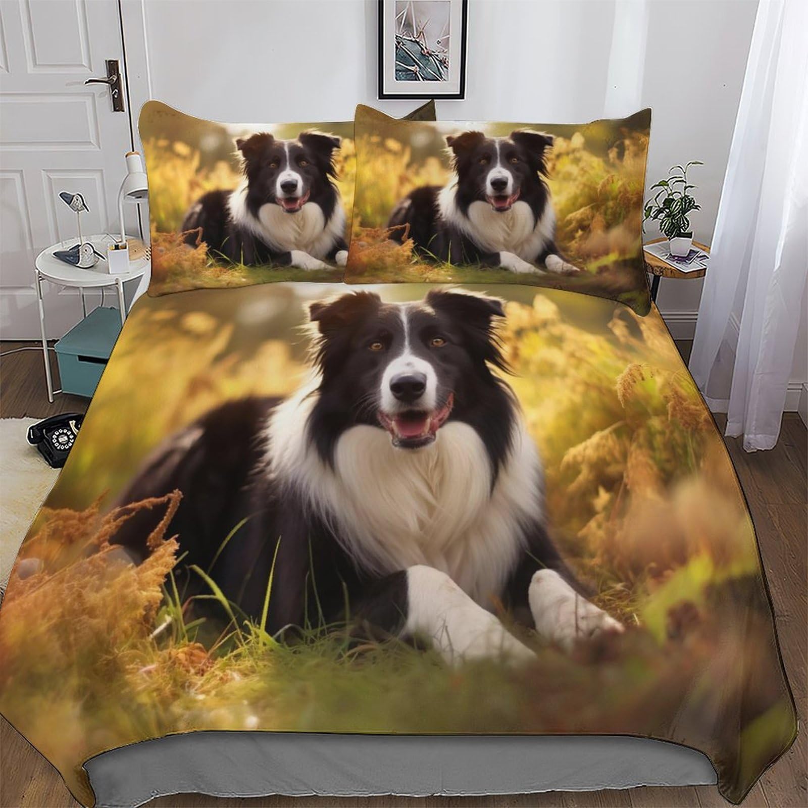Border Collie Duvet Cover Set 3D Bedding Set Microfiber Comforter Cover 3pcs with Pillow Shams, Soft Quilt Covers for Kids Adult Double (200x200cm)