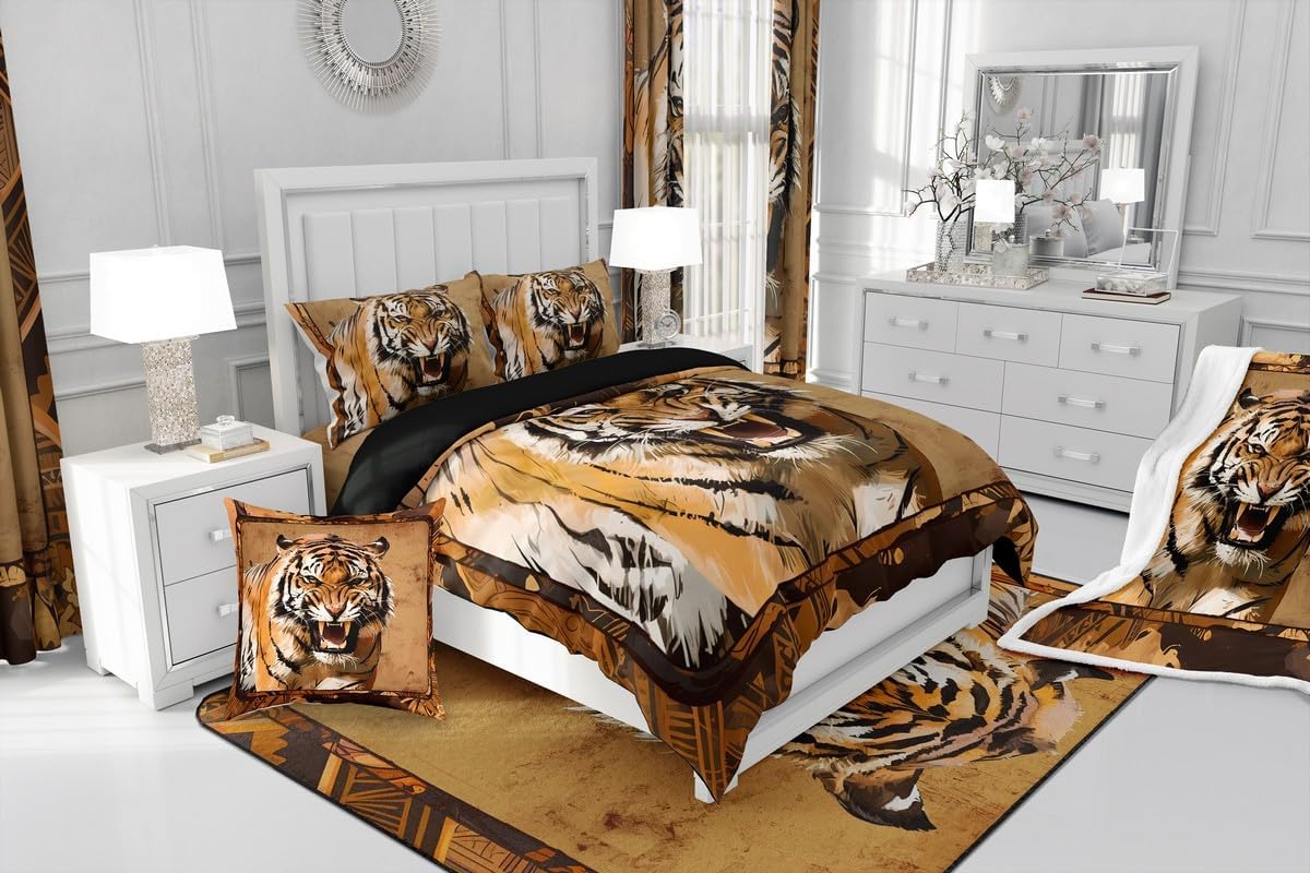 Cool Safari Big Cat Bedspread King,3D Tiger Wild Animal Quilted Coverlet 3pcs for Adults Teens Room Decor,Tiger Soft Breathable Bedding Quilt