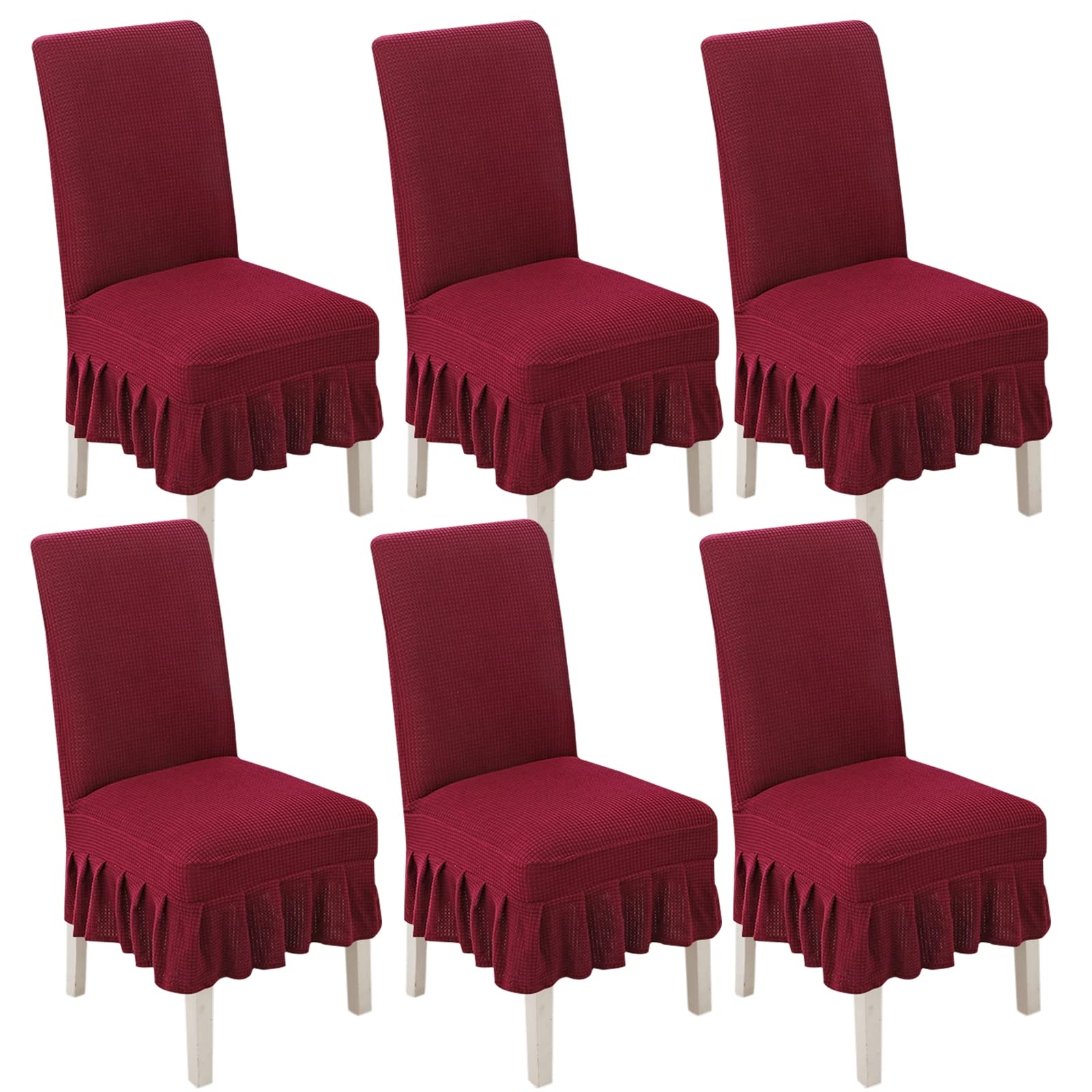 AIUESVZXI Chair Covers for Dining Room Set of 2/4/6,Chair Slipcover with Skirt Chair Covers, for Hotel Ceremony Banquet Wedding Party(Wine Red,6pack)
