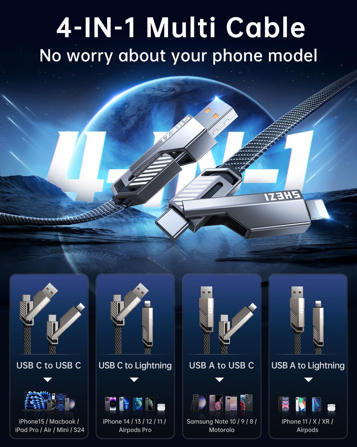 4-in-1 USB C Cable Lightning Cable 60W 5FT Fast Charging Flat Nylon Braided for iPhone iPad Charger Cord [480Mbps Data Sync] Multi Charge Cable with Lightning/Type C/USB A Port [SHEZI Series]