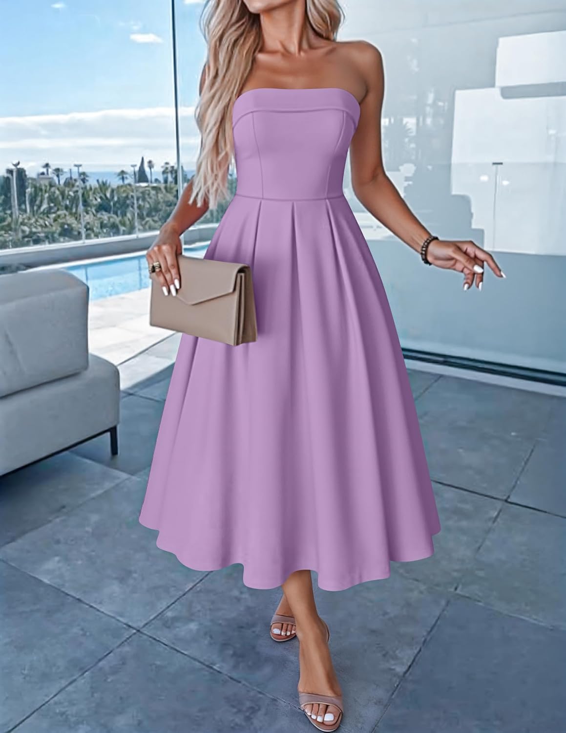 ZESICA Women's Summer Strapless Cocktail Dresses 2026 Elegant Off Shoulder Flowy A Line Wedding Guest Party Midi Dress - Image 3