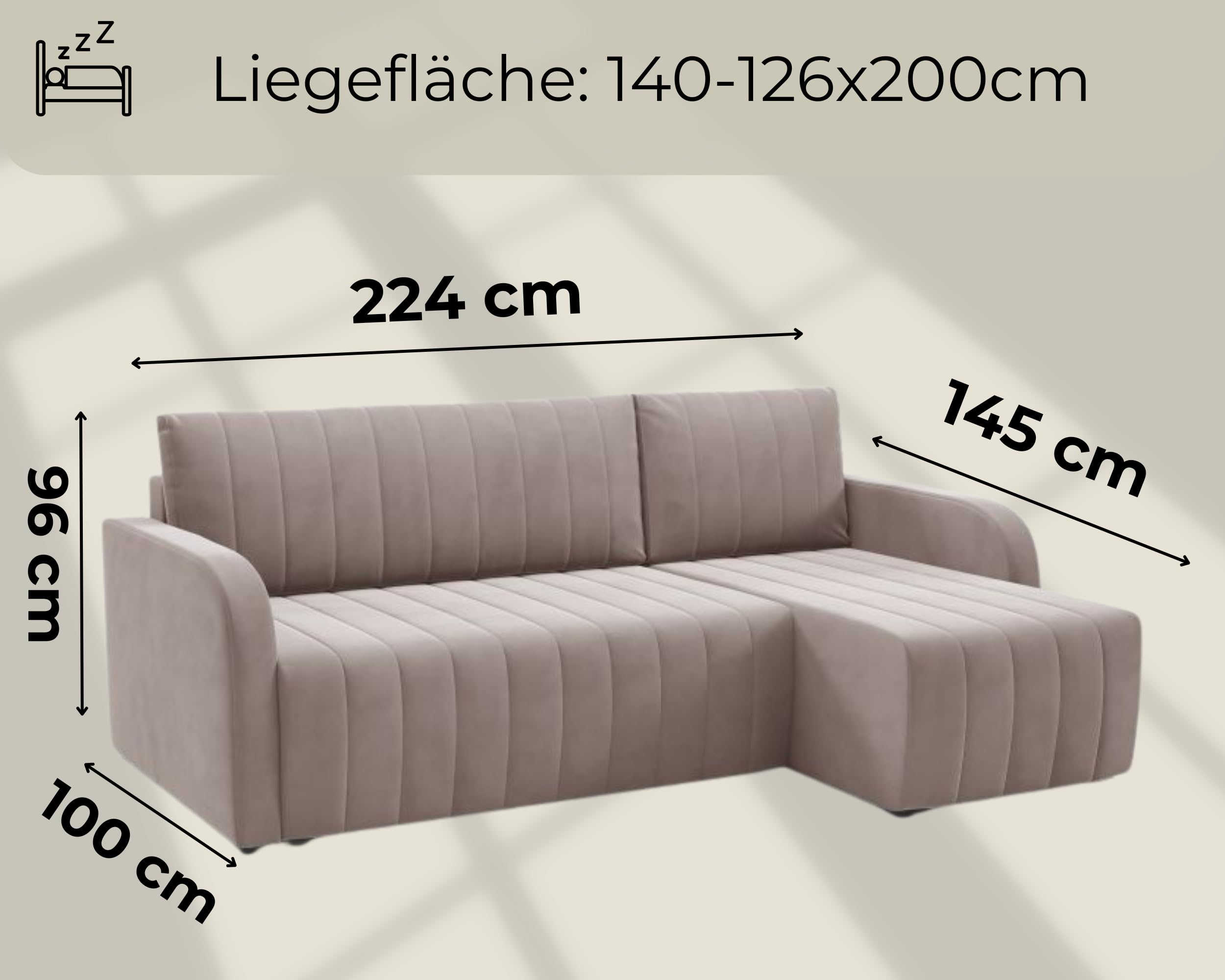 LIKMA Narożnik 224 cm Granatowy Rozkładany Otto Kształt L z Funkcją Spania (200x140 cm) i Pojemnikiem na Pościel Tapicerowana Sofa; Tkanina Trinity 242