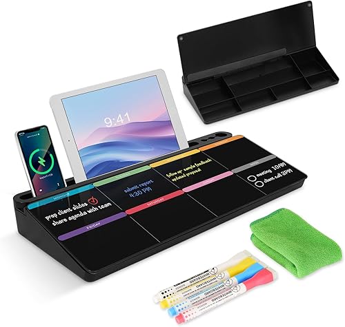 Miniatura 10 de Pizarra blanca de cristal de escritorio con almacenamiento, calendario semanal, pizarra blanca de borrado en seco, organizadores de escritorio y