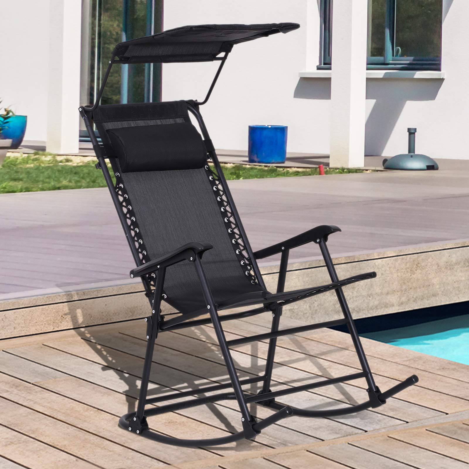 Outsunny Rocking Chair Plegable de Jardín Dim. 105 x 64 x 125 cm tetera + parasol incluido acero epoxi textileno negro