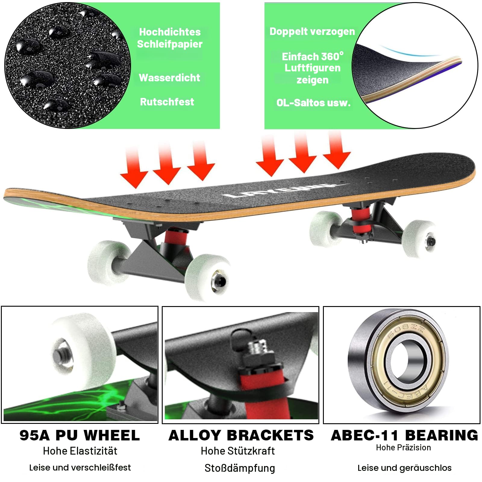 LAYENNE Skateboard, 31 * 8 Zoll Komplettes Skateboard, 7 Schichten Ahorn Skateboard Deck, ABEC-11 Halterung, Geeignet für Erwachsene, Anfänger, Jungen, Mädchen, Jugendliche und Kinder