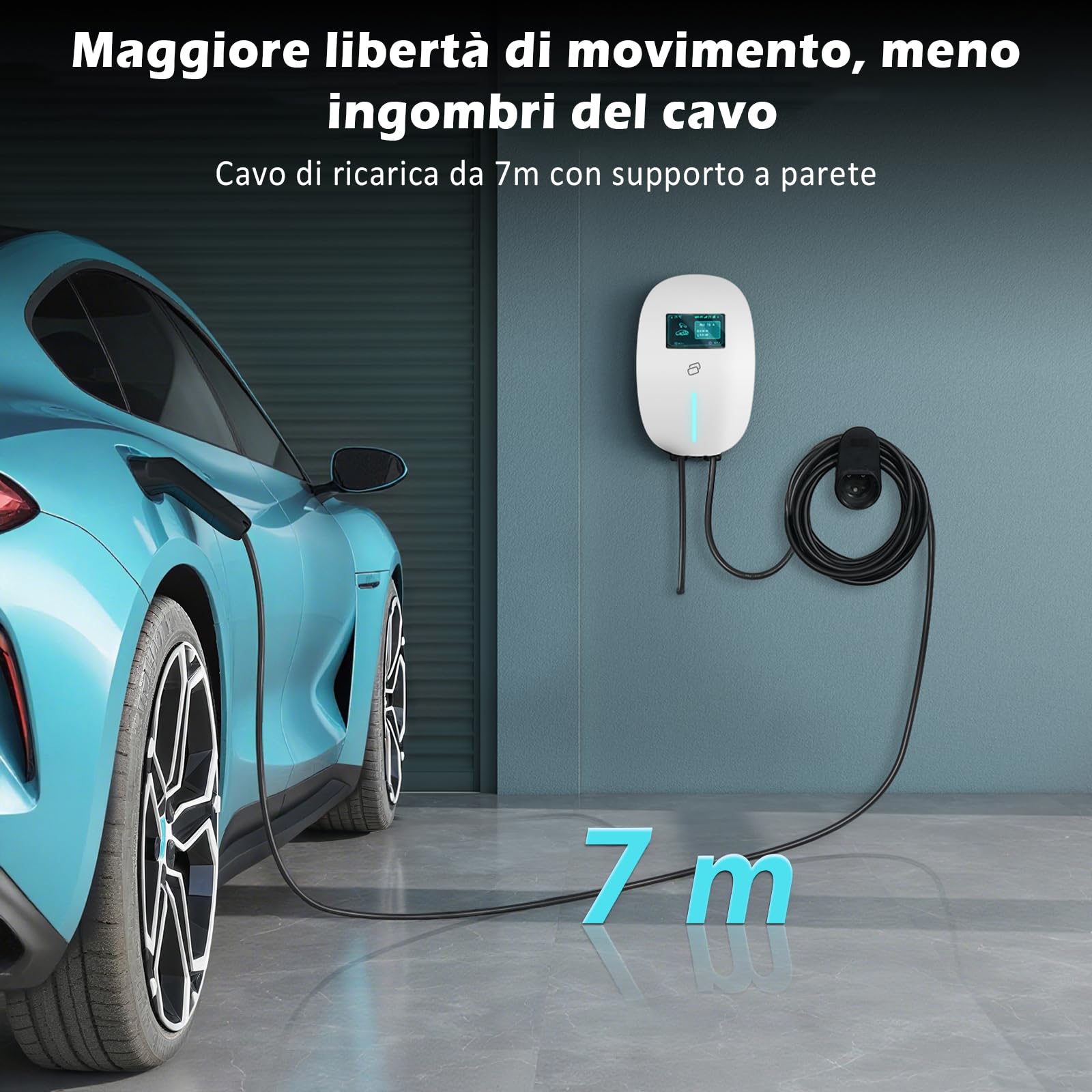 YU YUSING Columna de carga de coche eléctrico 11 kW, 7 m cable carga coche eléctrico tipo 2, 6-16 A Wallbox trifásico, carga coche eléctrico con Schuko, contra APP, LCD digital y soporte, IP65, blanco