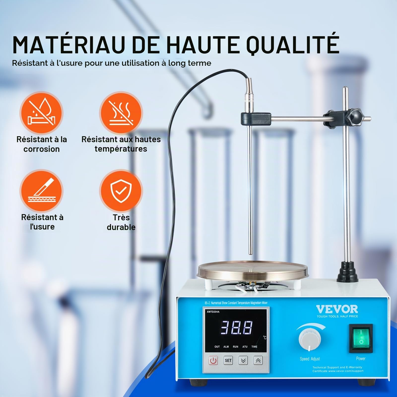 VEVOR Agitateur magnétique 1 L, mélangeur magnétique à plaque chauffante 99,9 °C, kit d'agitation 1500 tr/min, 250 W, avec bouton de vitesse réglable, support et barreaux d'agitation, écran LED, blanc