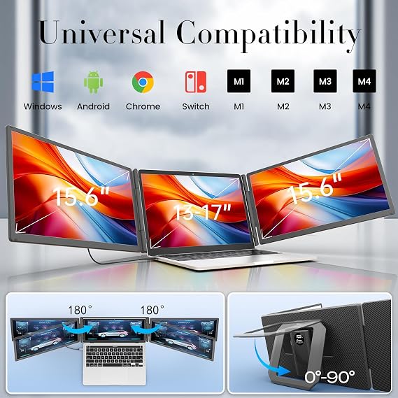 Teamgee 15.6 Laptop Screen Extender with Power Bank, FHD 1080P IPS Triple Monitor, HDMI/USB/Hub Plug-Play Display, Fits 13-17 Laptops (Mac/Windows/Android), Ideal for Home Office/Small Business