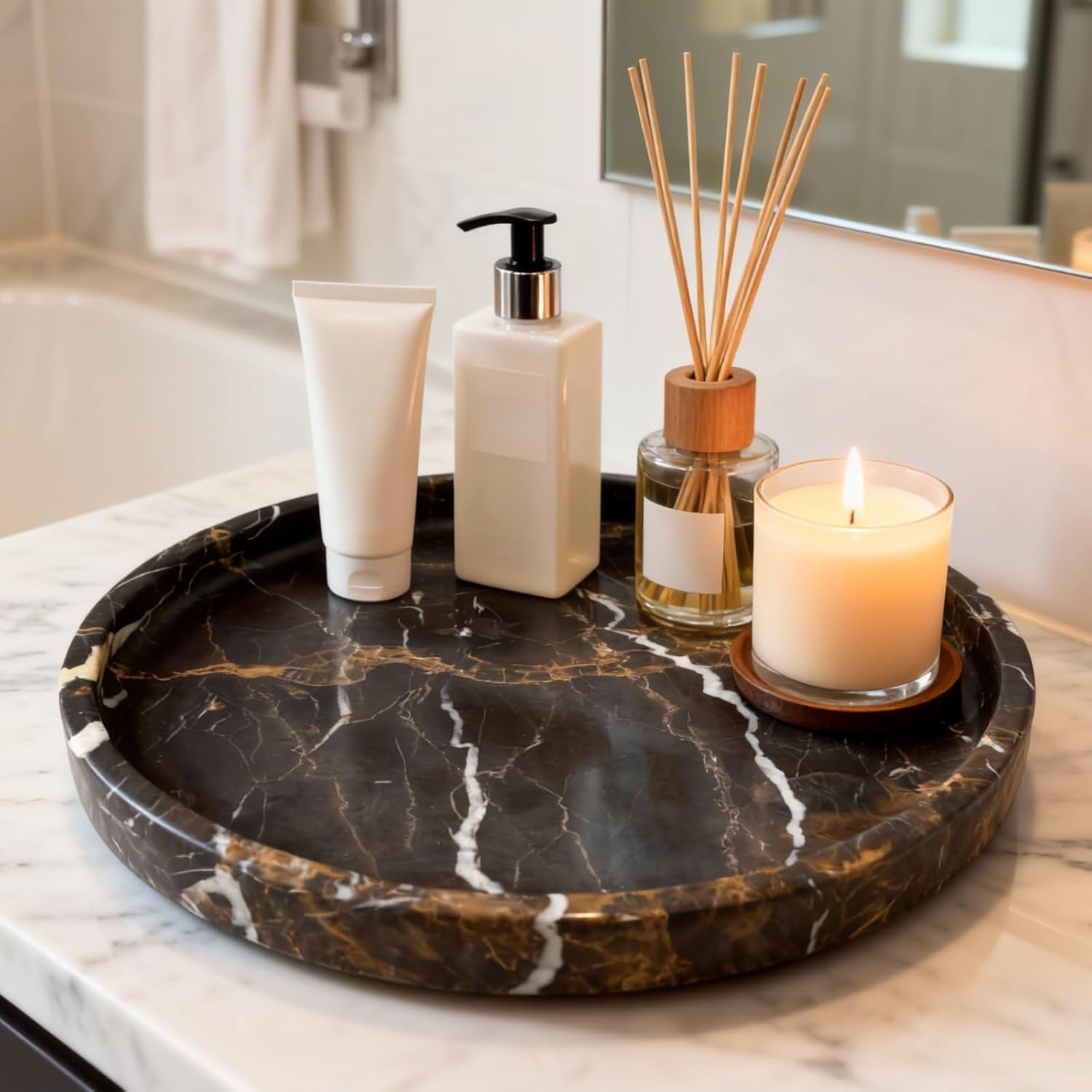 Natural Marble Vanity Tray, Perfume Jewelry Tray, Round Ottoman Tray for Drinks, Coffee Table, Home Decorative (Portoro Black, 9.84Dx1.18H)