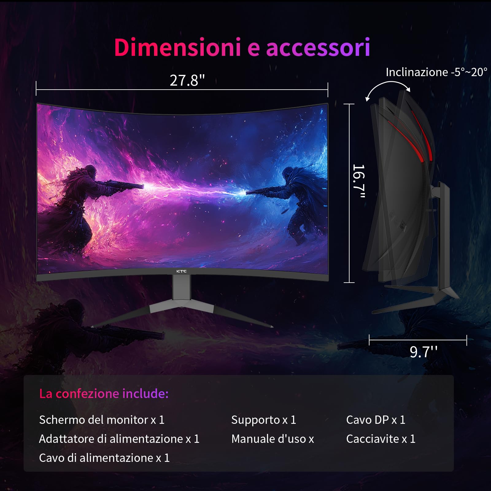 KTC Monitor 32 Pollici Curvo 1000R, 2K WQHD (2560x1440p) 240Hz Monitor Gaming, 1ms, Adaptive Sync, 122% sRGB, Contrasto 4000:1, 2 x DP 1.4 (240Hz), 2 x HDMI 2.0 (144Hz), Supporto Inclinazione e VESA