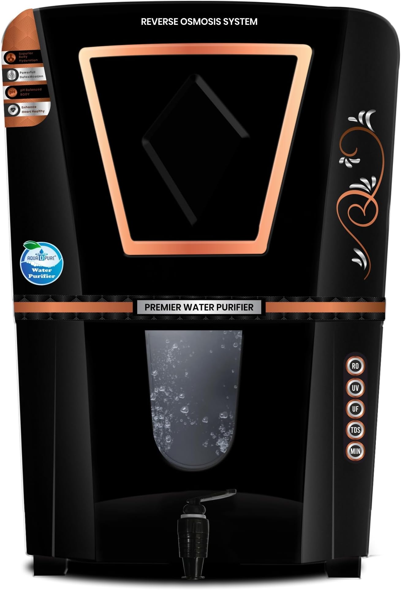 AQUA D PURE 4x Copper Technology RO Water Purifier with RO, UF, UV, Taste Adjuster, Multisource Water Compatibility, 12 Liter, Black (A15 AYU Zinc Copper Alkaline)