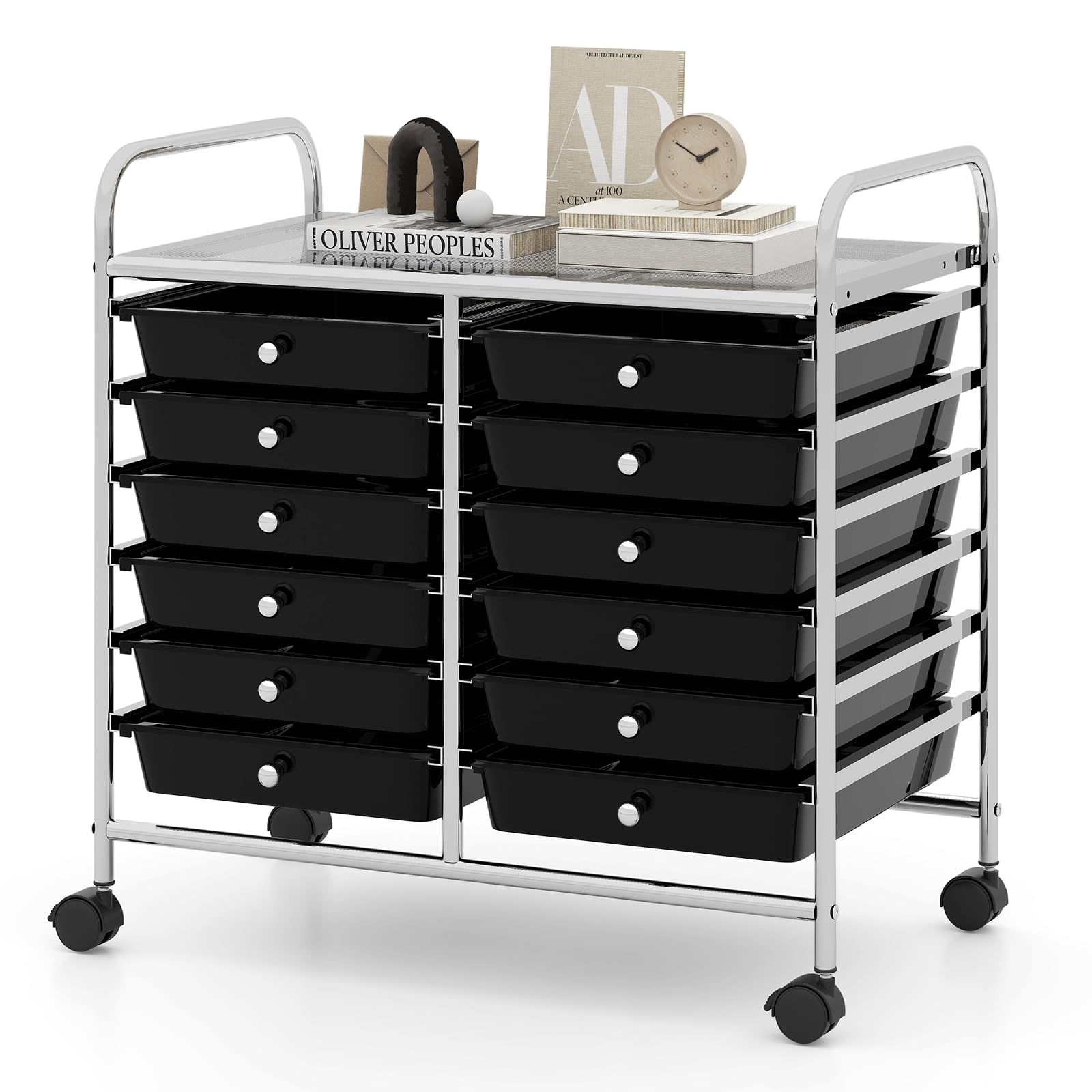 TANGZON 12 Drawers Storage Cart, Rolling Utility Cart with Lockable Wheels, Multipurpose Mobile Trolley Organizer for Home Office Stationery Beauty Salon (Black, 63 x 37 x 63cm)
