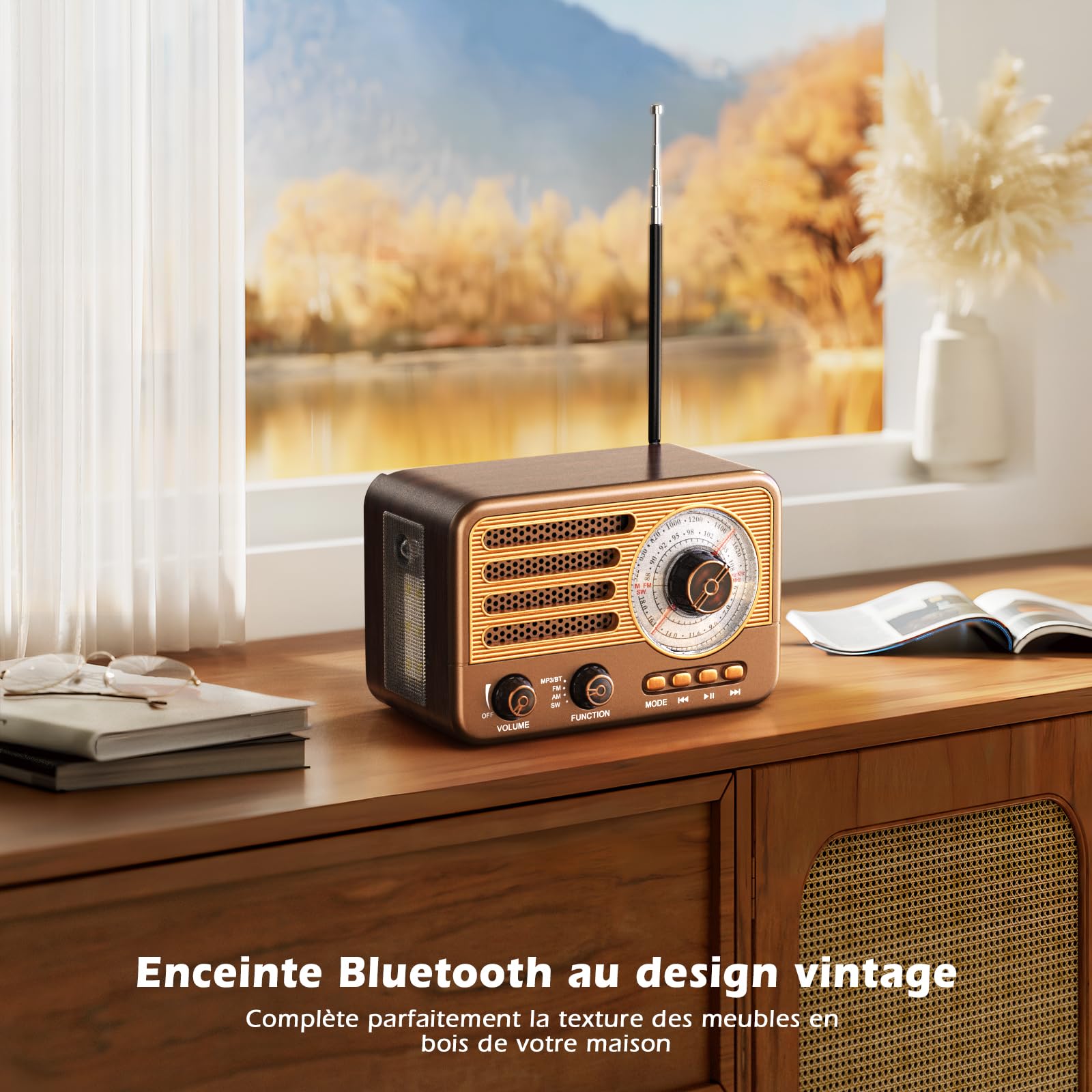 Radio transistor vintage – Style rétro avec gamme moderne, portable, AM/FM/SW, avec USB/TF/AUX MP3 et batterie rechargeable de 1800 mAh