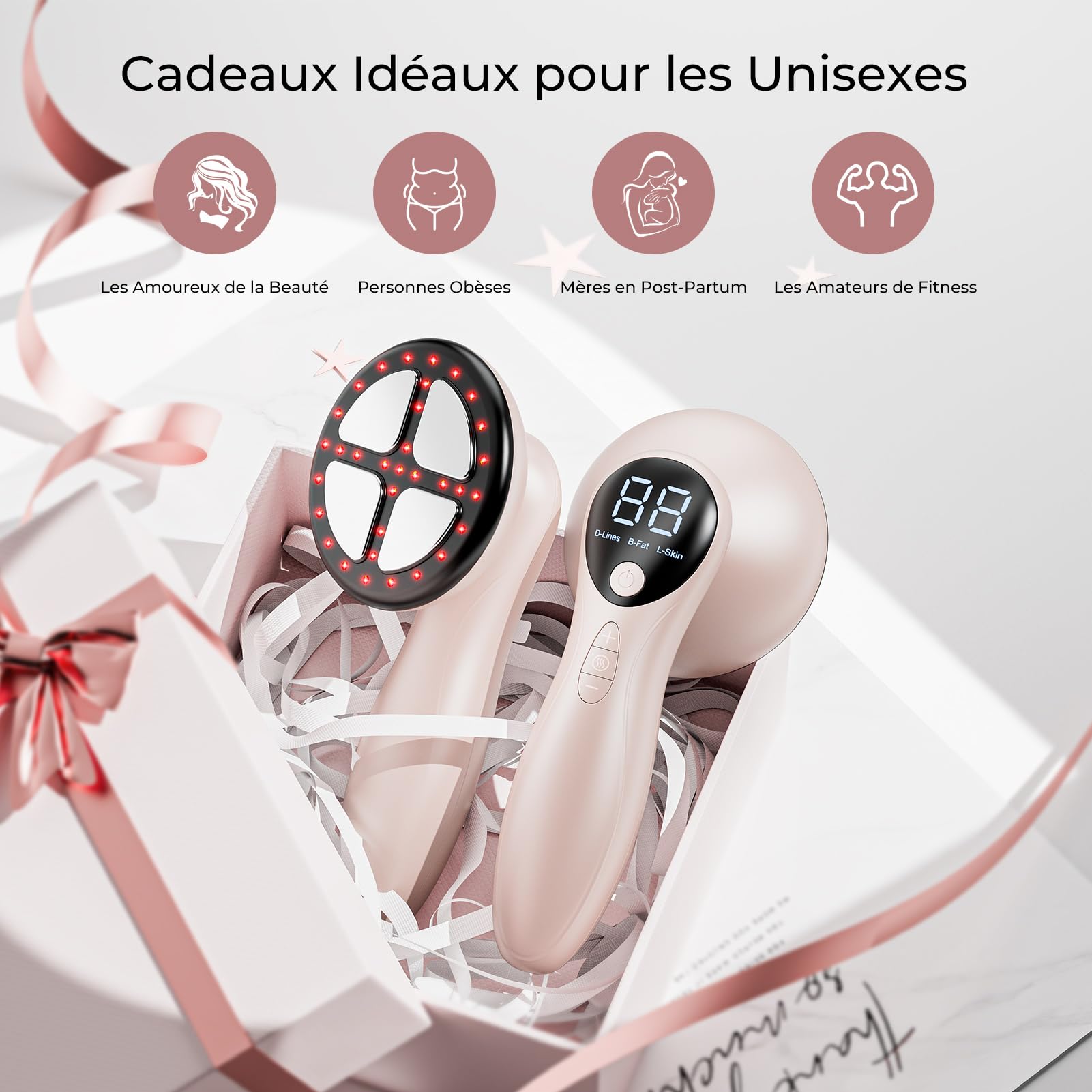 Masseur Anti Cellulite Appareil Massage Minceur Vibra Pro, 4 Têtes de Professionnel Pour La Taille, Ventre, Fesses, Bras, Unisexe, Lifte, Resserre et Masse la Peau (Or Rose)