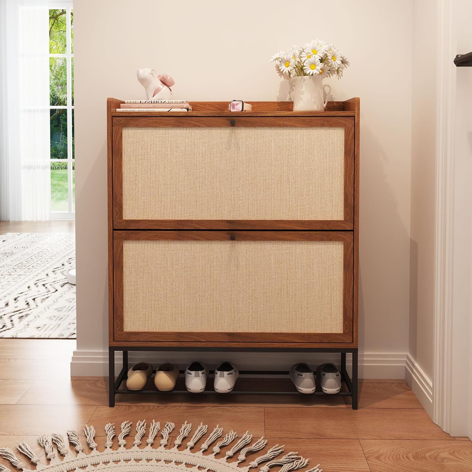 GuannCraft Schuhschrank, mit 2 Klappenschubladen, schmaler Schuhschrank mit modernen schmalen Ablagefächern,80 x 23,5 x 100 cm geeignet für Flure und Eingangsbereiche