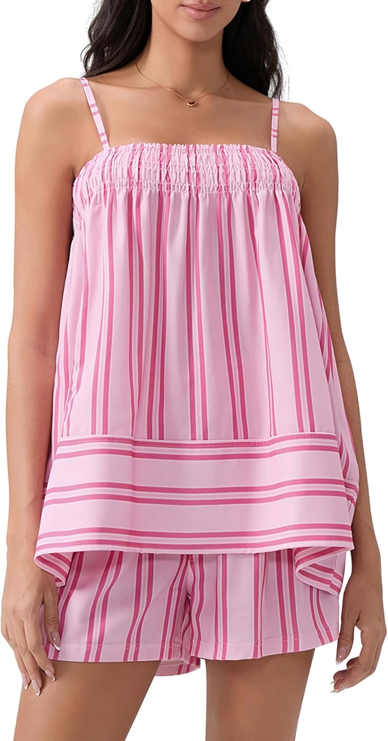 Womens 2 Piece Striped Lounge Sets Spaghetti Strap Peplum Cami Tops and Shorts 2 Piece Matching Pj Summer Outfits