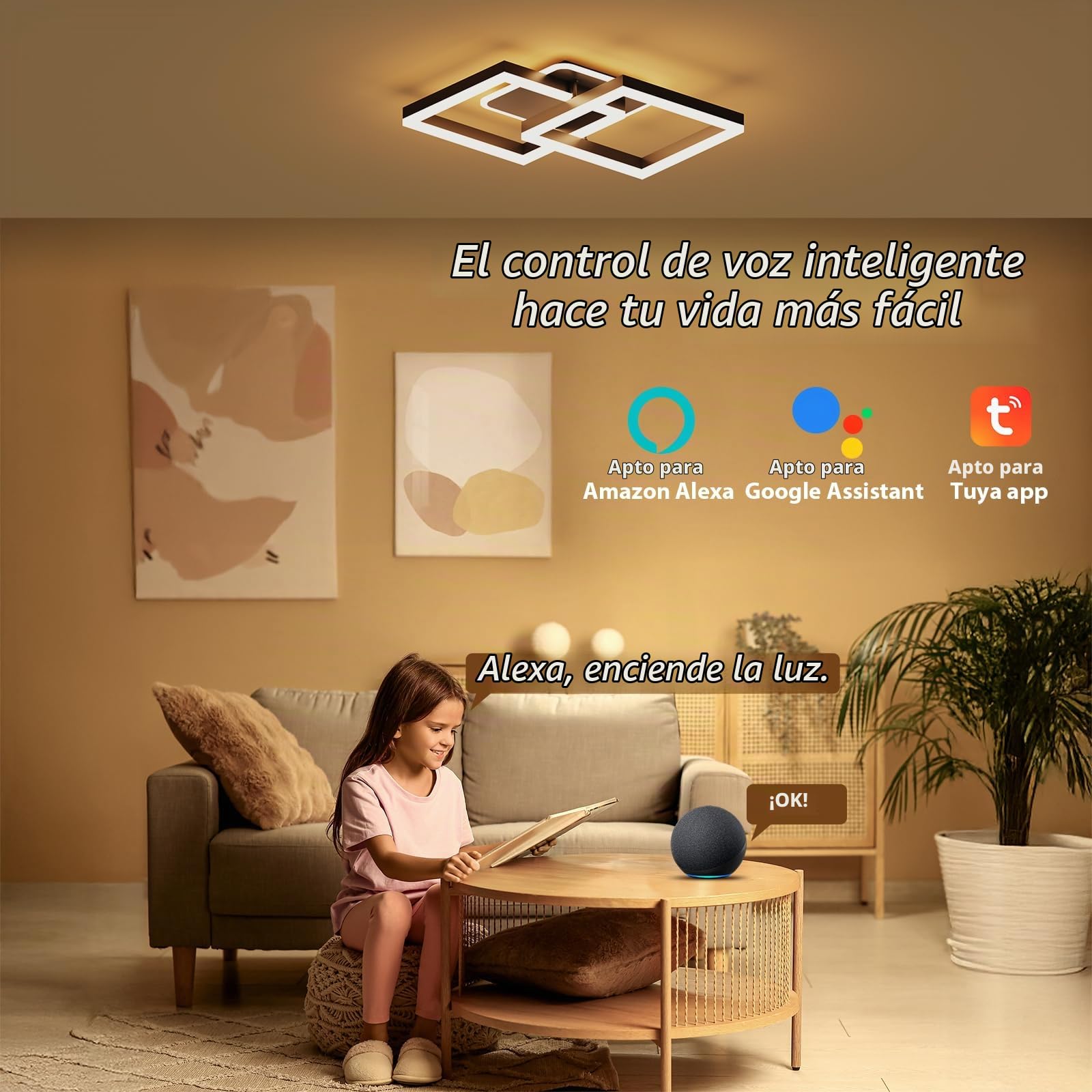 Lampara Techo 40W,Regulable Lamparas de Techo Salon Control App Mando a Distancia,Compatible con Alexa & Google Home,Con Modo de luz Nocturna y Función de Memoria,Para Dormitorio,Restaurante (Negro)